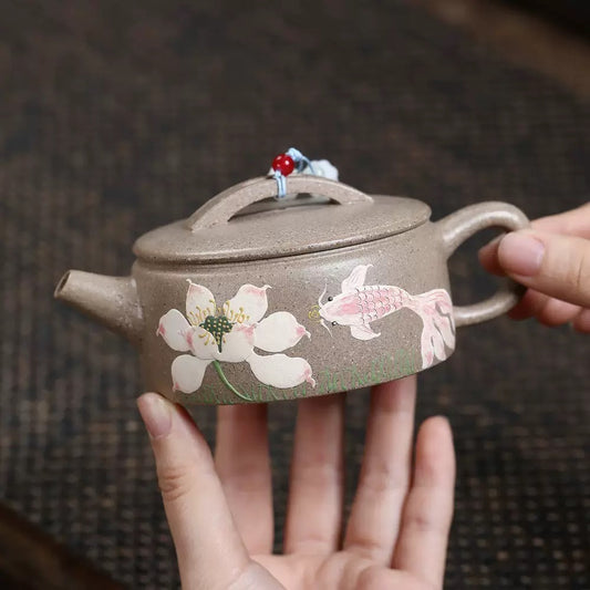 Handcrafted Yixing White Duan Clay Hanwa Shape Chinese Yixing Zisha Teapot Hand Painted Fish Lotus Motif Pot Artwork