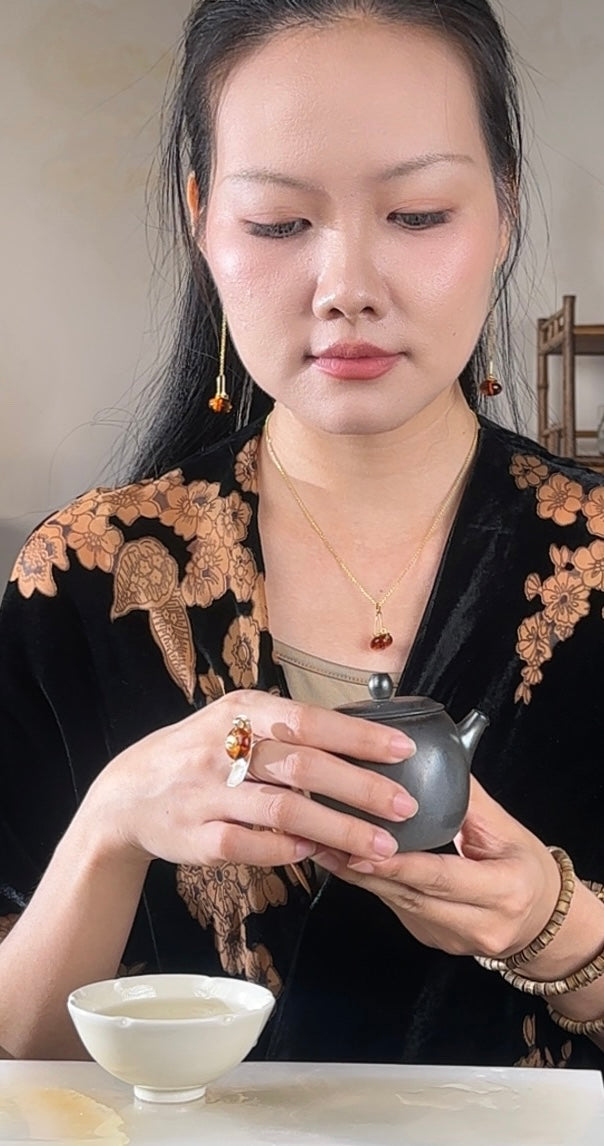 S925 Sterling Silver Original Design Handmade Teapot Shape Amber Earrings