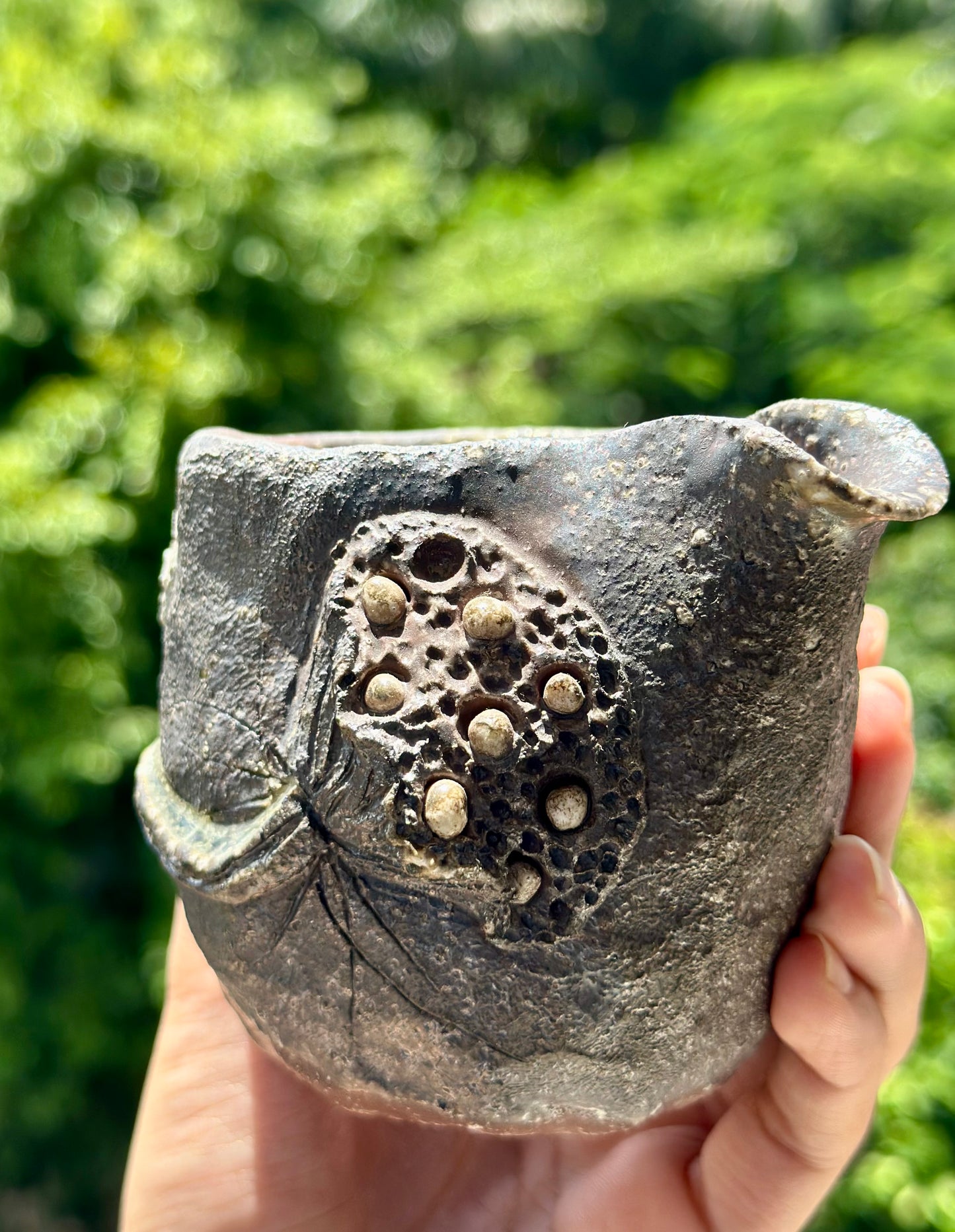 Woodfired Handmade Crude Pottery Fair Cup Handengraved Lotus Seed Motif Chinese Master Pottery Gongdaobei