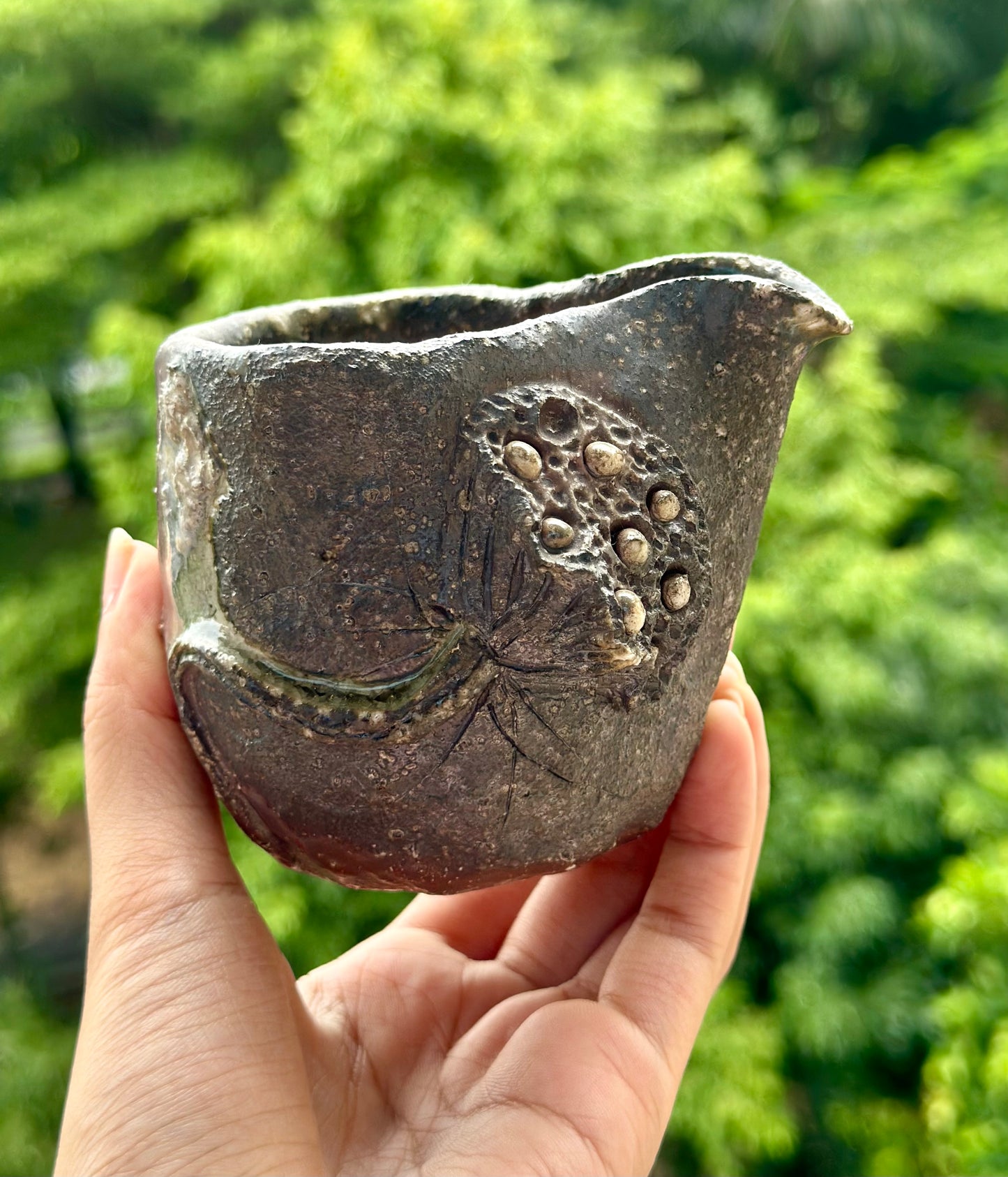 Woodfired Handmade Crude Pottery Fair Cup Handengraved Lotus Seed Motif Chinese Master Pottery Gongdaobei