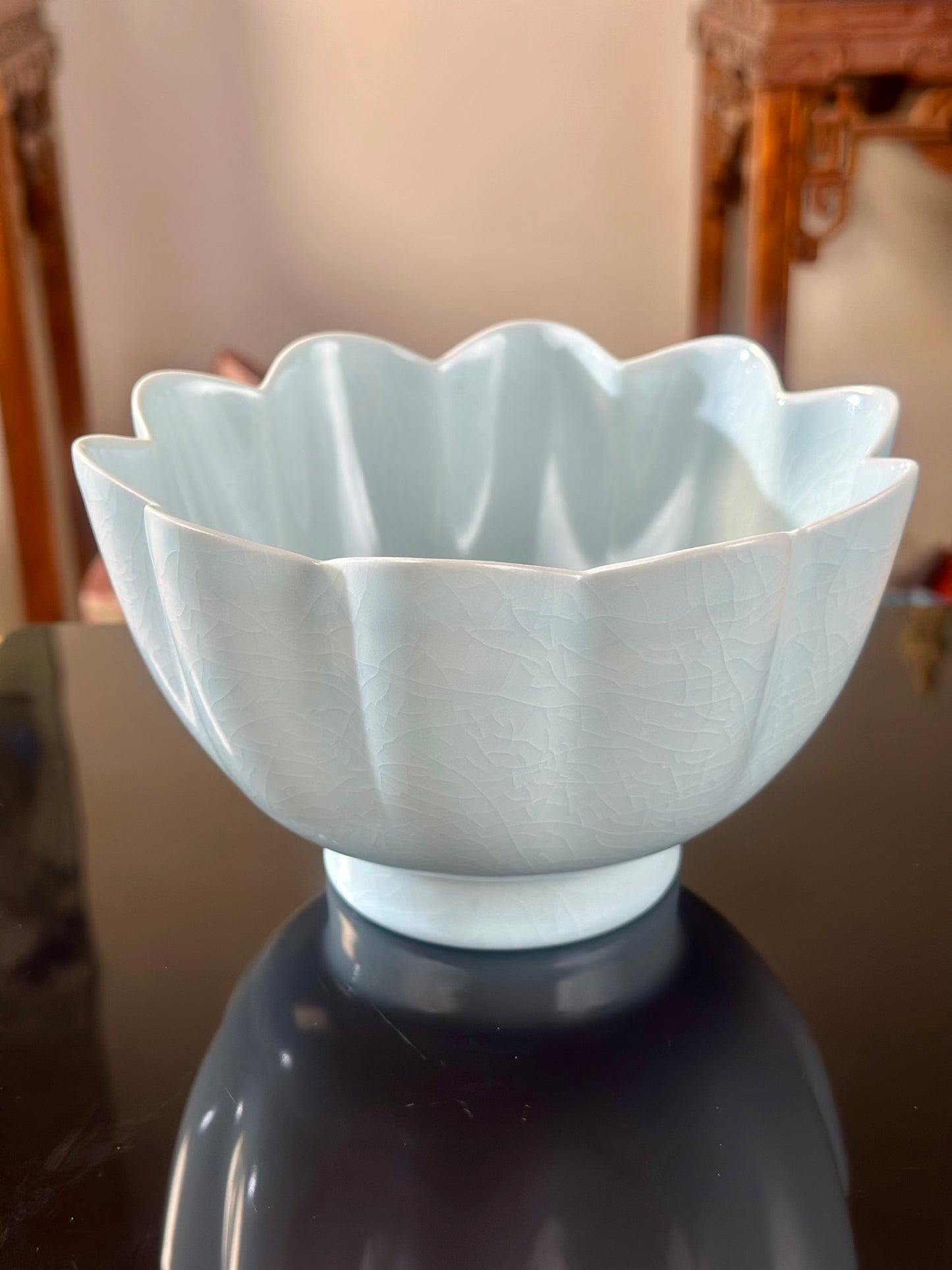 Handcrafted Ru Ware Classic Lotus Shape Tea Bowl Chinese High-class Ru Porcelain Ruyao Moon White Glazed