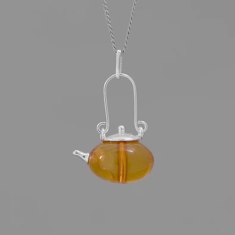 S925 Sterling Silver Original Design Handmade Teapot Shape Amber Pendant