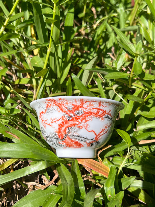 Handcrafted Chinese Handpainted Chinese Plum Flower Alum Red Jingdezhen Teacup Master Pottery Ceramic Artwork