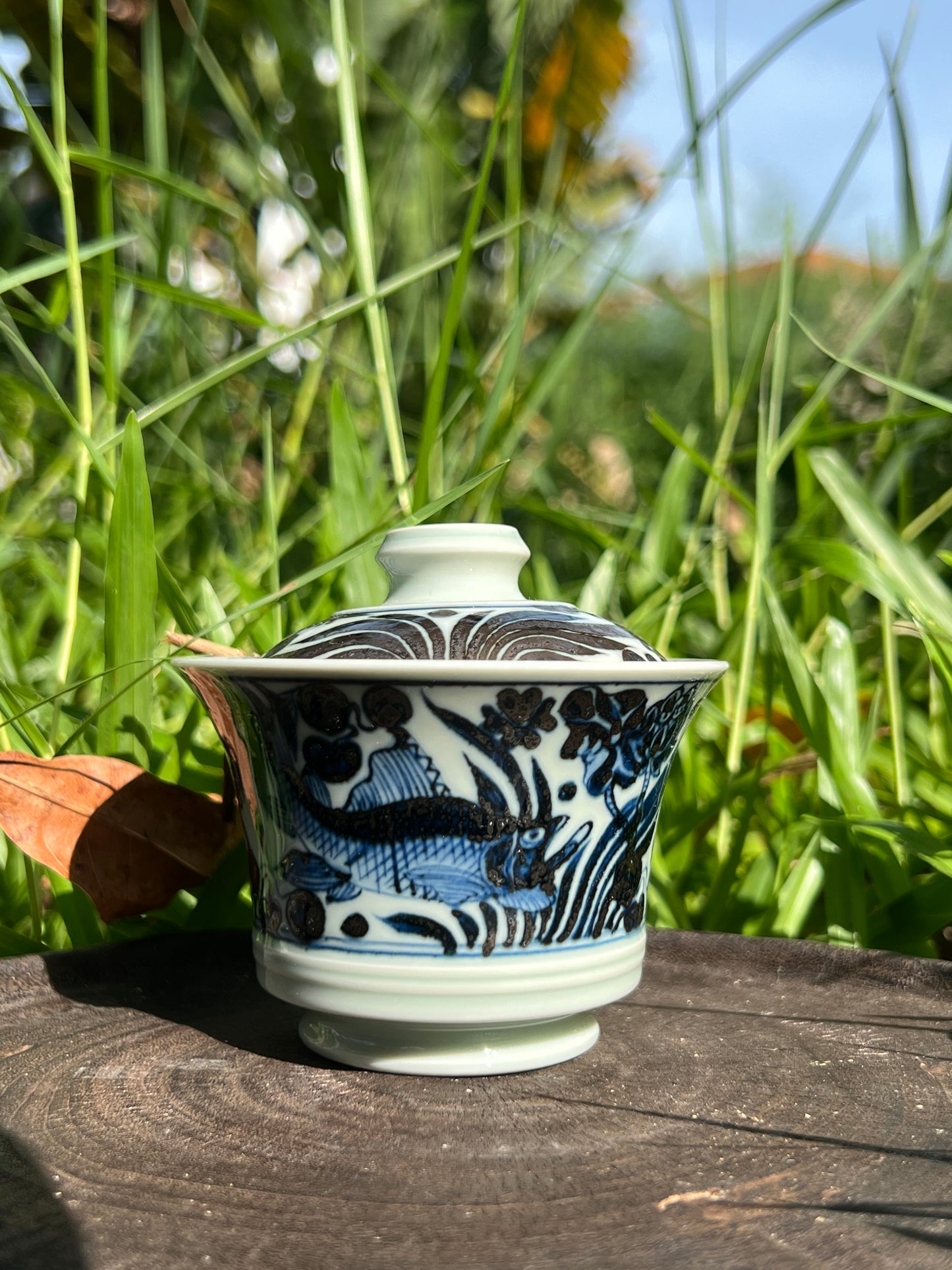 Hand Painted Chinese Antique Yuan Dynasty Blue and White Porcelain Fish and Algae Pattern Tea Tray Tea Boat Jingdezhen Master Ceramic Artwork