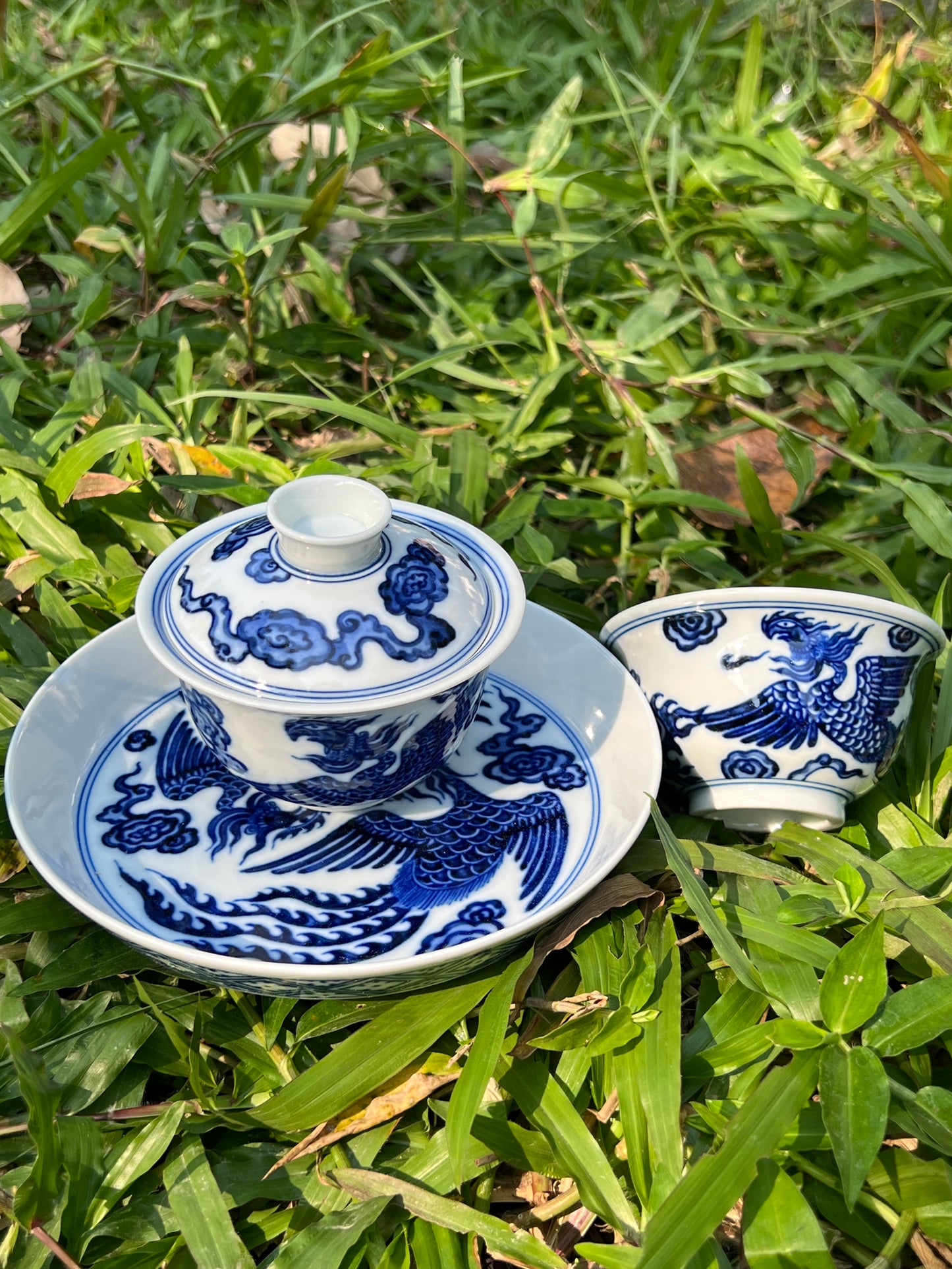 Hand Painted Chinese Phoenix Gaiwan Blue and White Porcelain Teaware Jingdezhen Master Ceramic Artwork