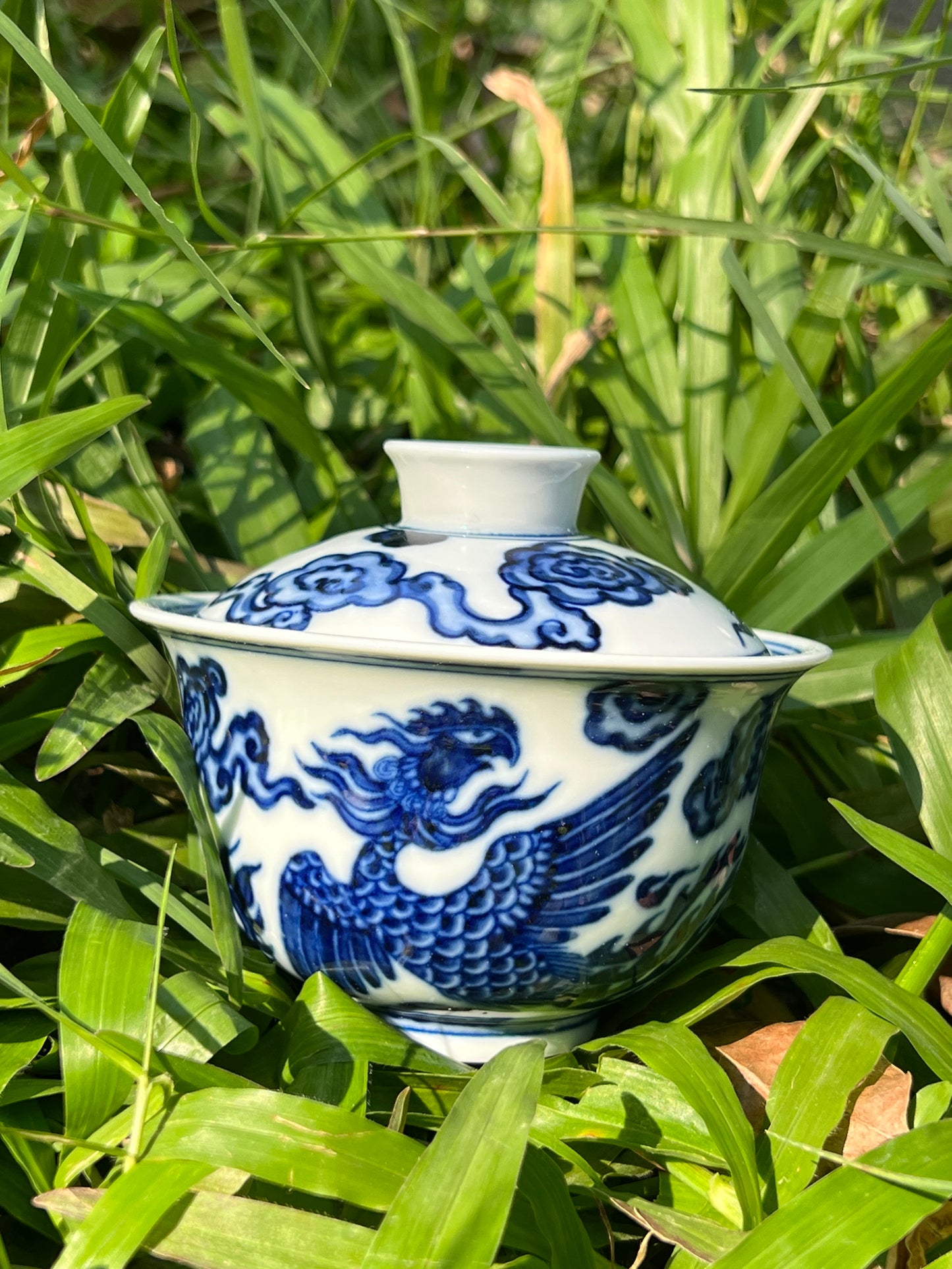 Hand Painted Chinese Phoenix Gaiwan Blue and White Porcelain Teaware Jingdezhen Master Ceramic Artwork