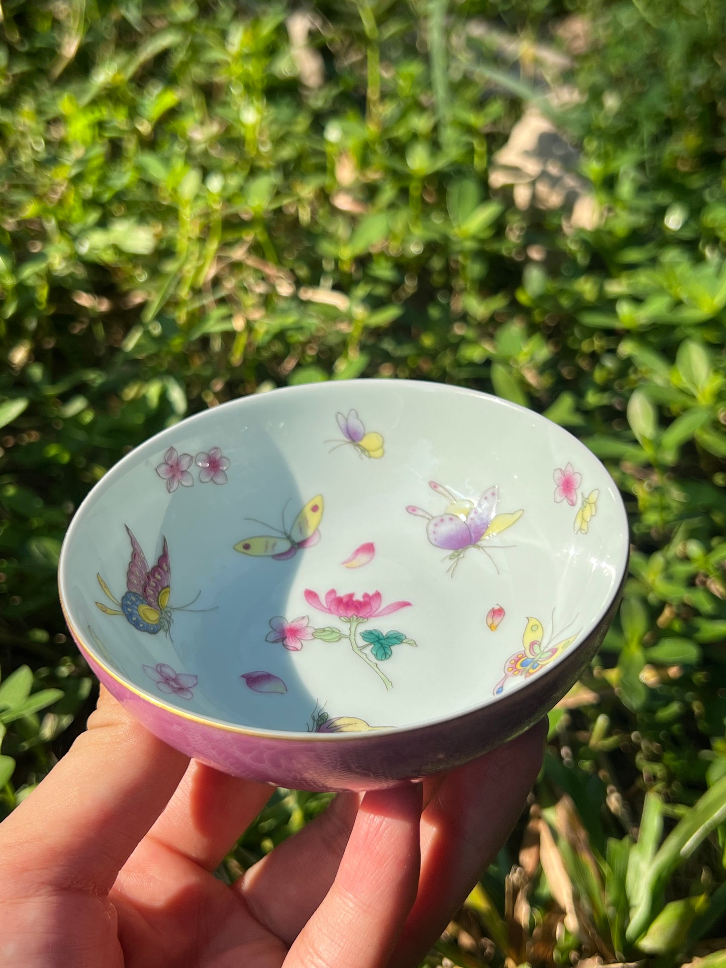 Hand Painted Chinese Butterfly Teacup Jingdezhen Master Ceramic Artwork Purple Base