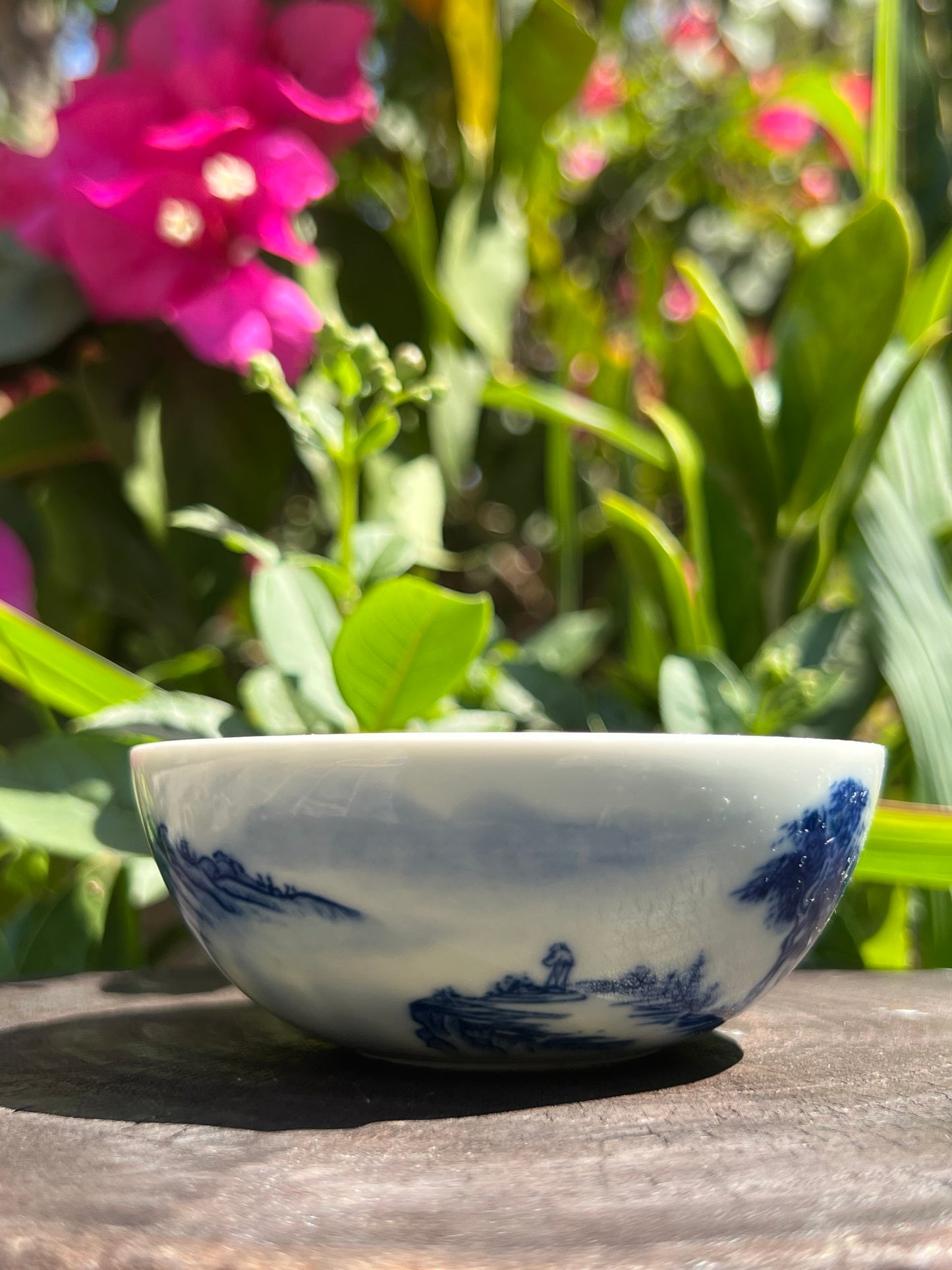 This is a Chinese Jingdezhen blue and white porcelain landscape teacup