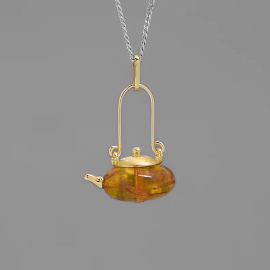 S925 Sterling Silver Original Design Handmade Teapot Shape Amber Pendant
