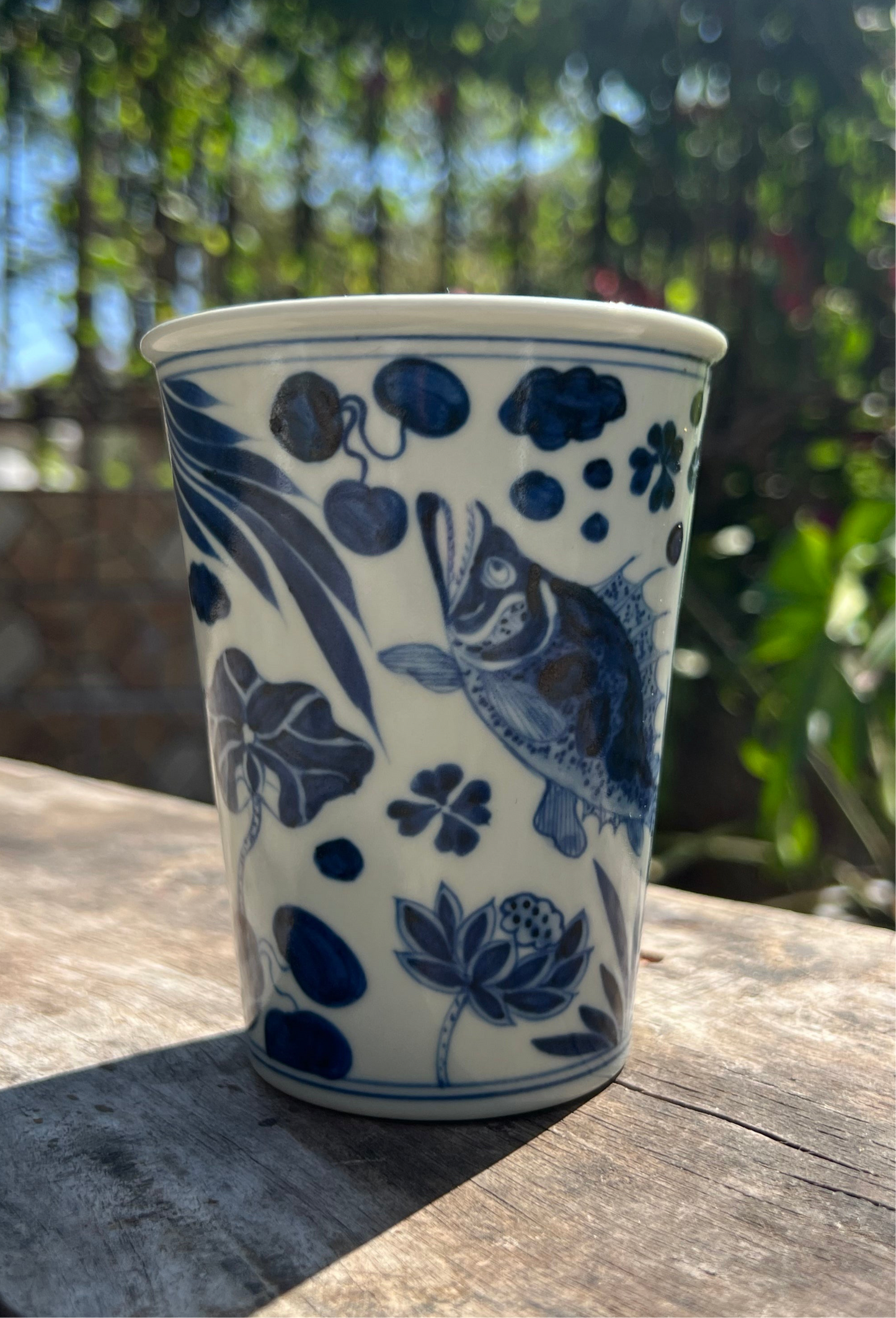 Handcrafted Jingdezhen Teacup Chinese Fish Algae Mug  White Blue Porcelain Fine China Cup