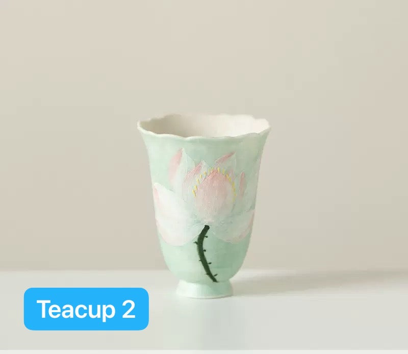 Handpainted Chinese Lotus Green Teapot Gaiwan Set Teacup Teaset