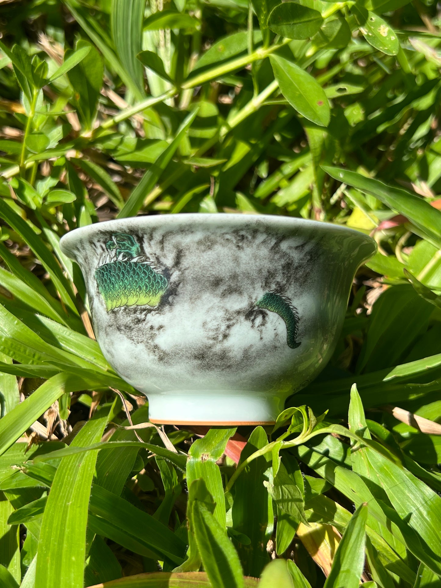 Handcrafted Chinese Handpainted Chinese Green Dragon Jingdezhen Teacup Master Ceramic Artwork