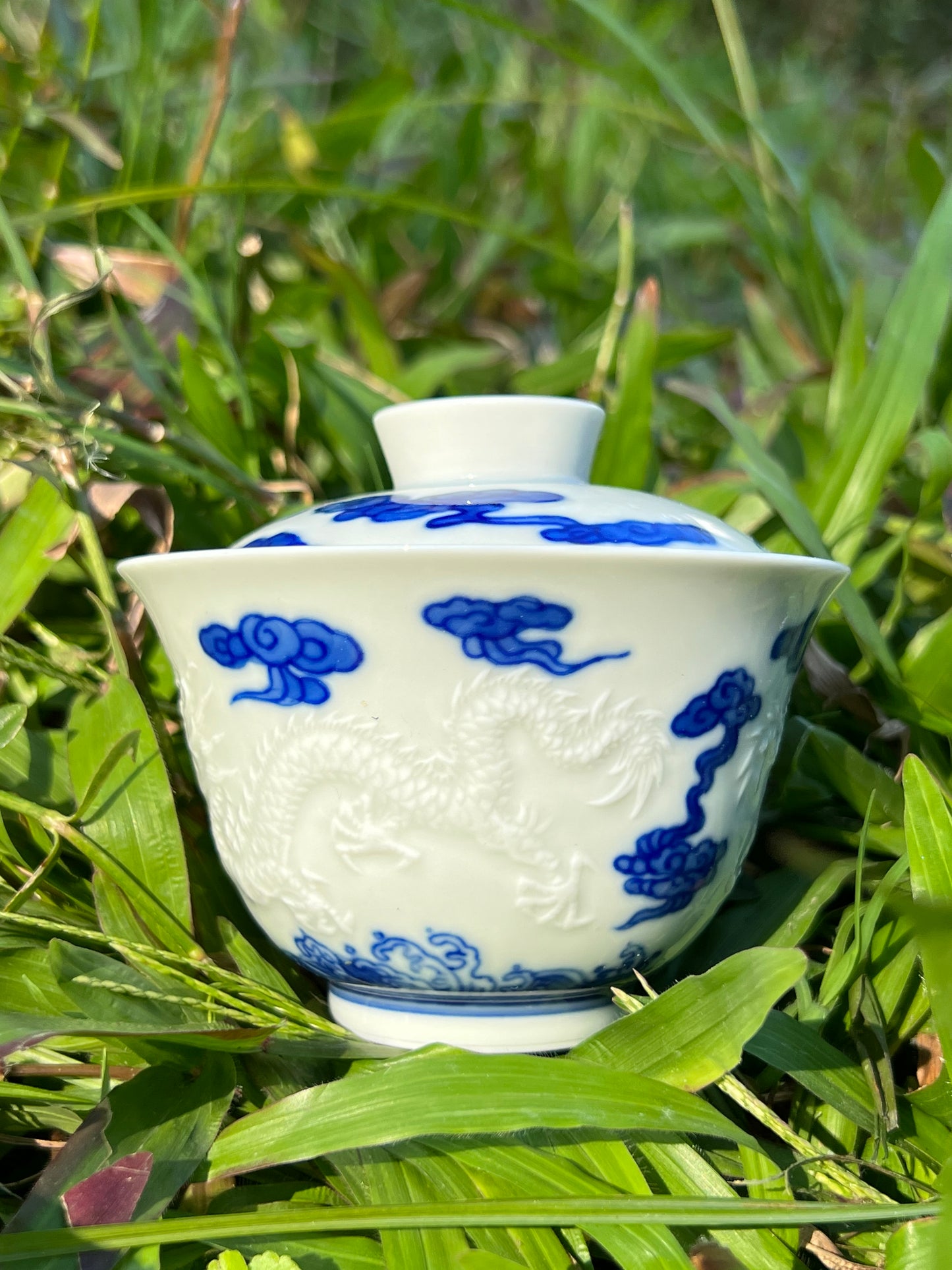 Hand Engraved Chinese Blue and White Porcelain Dragon Gaiwan Jingdezhen Master Ceramic Artwork