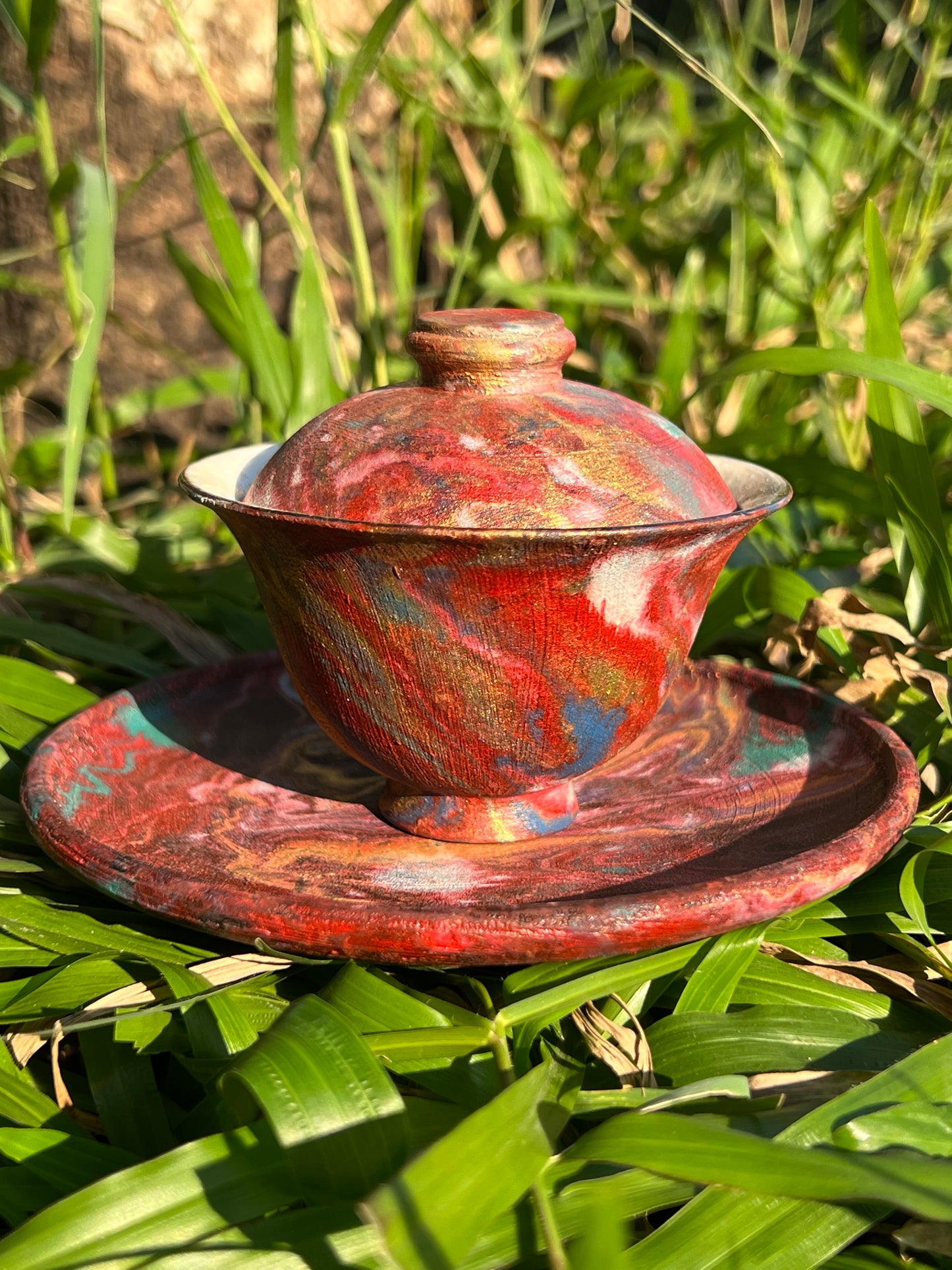 Handcrafted Raw Ore Pottery Chinese Lacquer Ware Purple Red Gaiwan Teaware Master Pottery Artwork