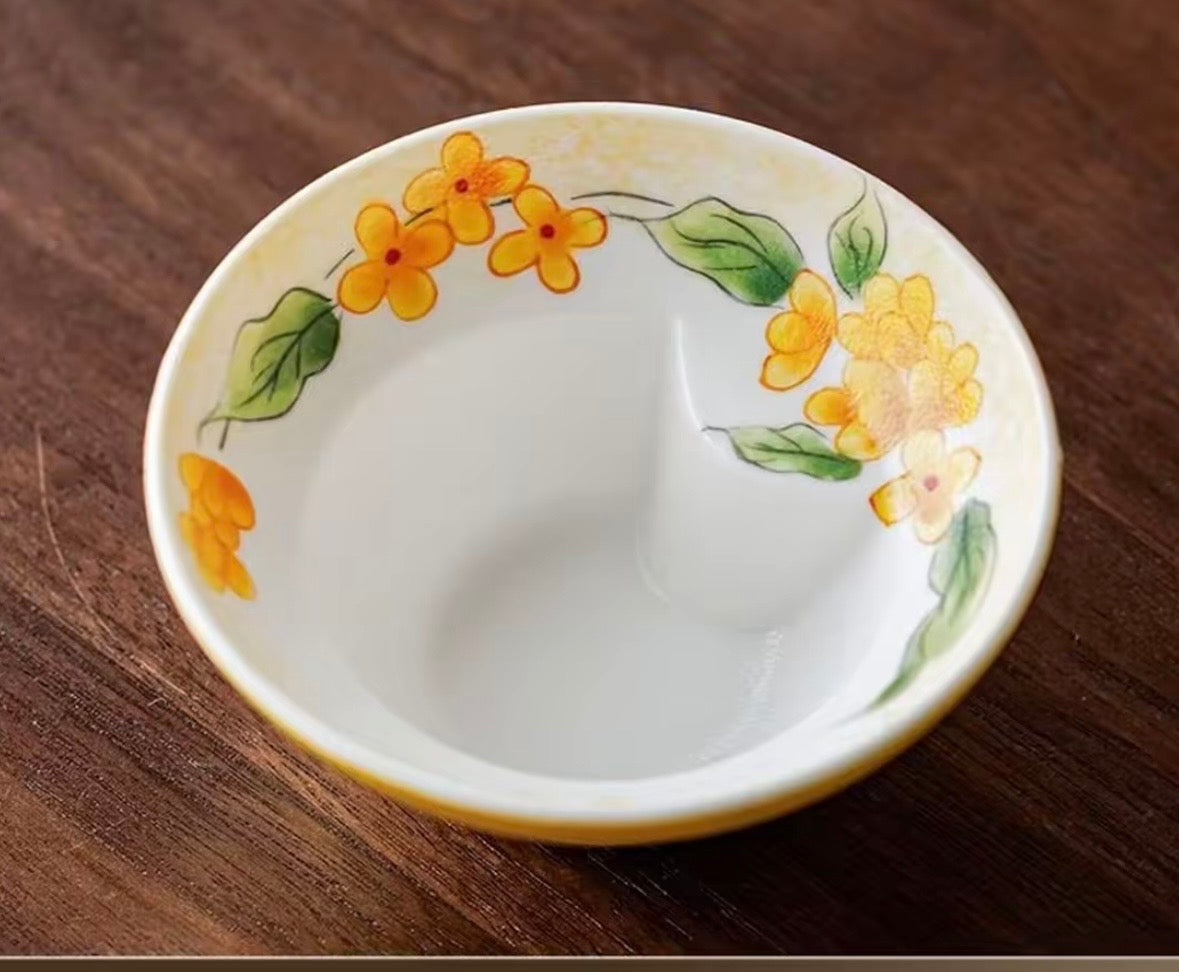 Hand painted Chinese Original Douli Shape Teacup Inner Engraved Moon Rabbit Motif Yellow Cup