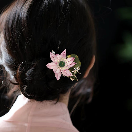 Handcrafted Chinese Classic Lotus Flower Brooch Elegant Pink Hair Clip