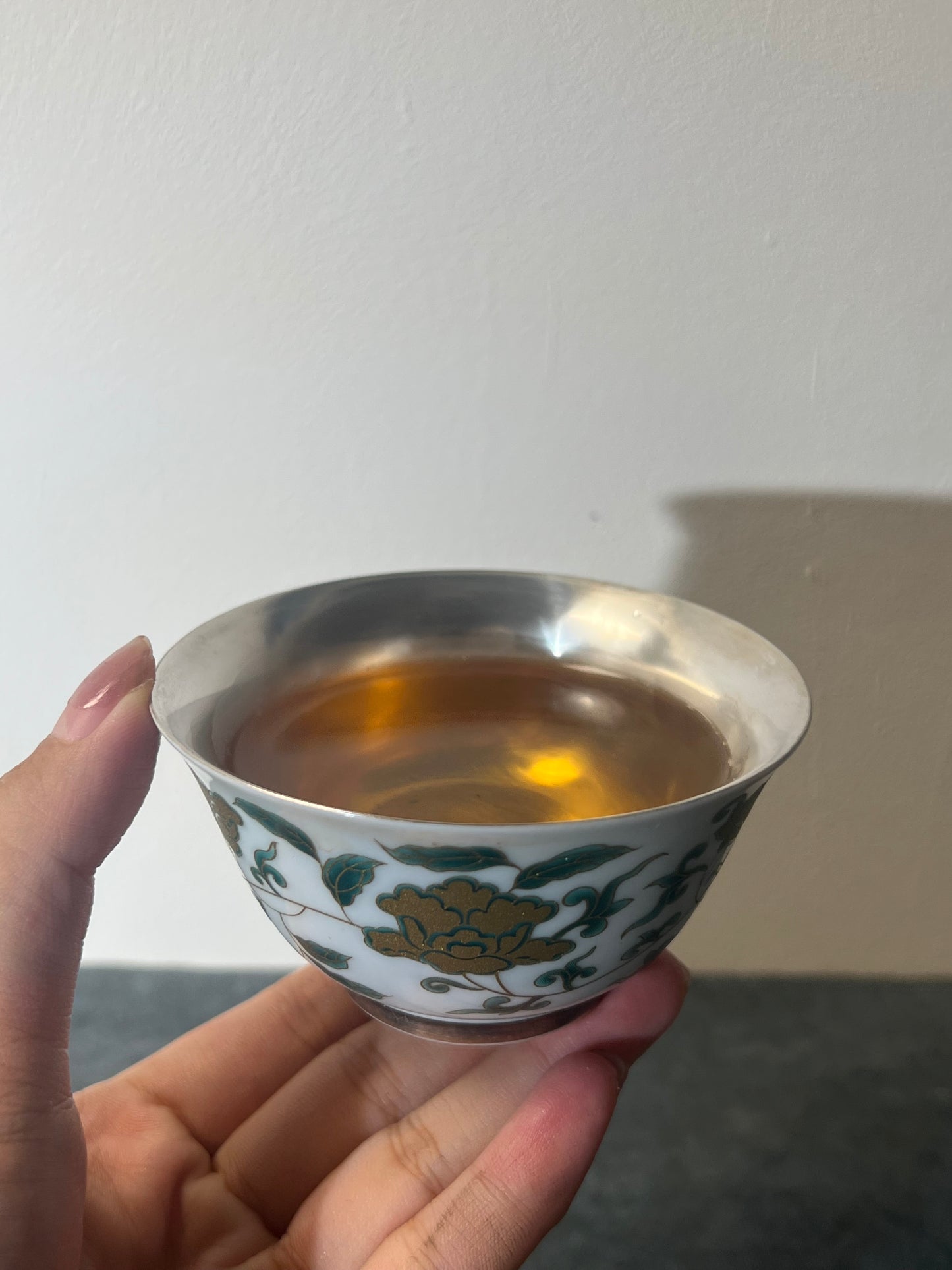 Hand Painted Chinese Lotus Of Twined Stem Pattern Chinese Gilded Silver Teacup Ceramic Teacup