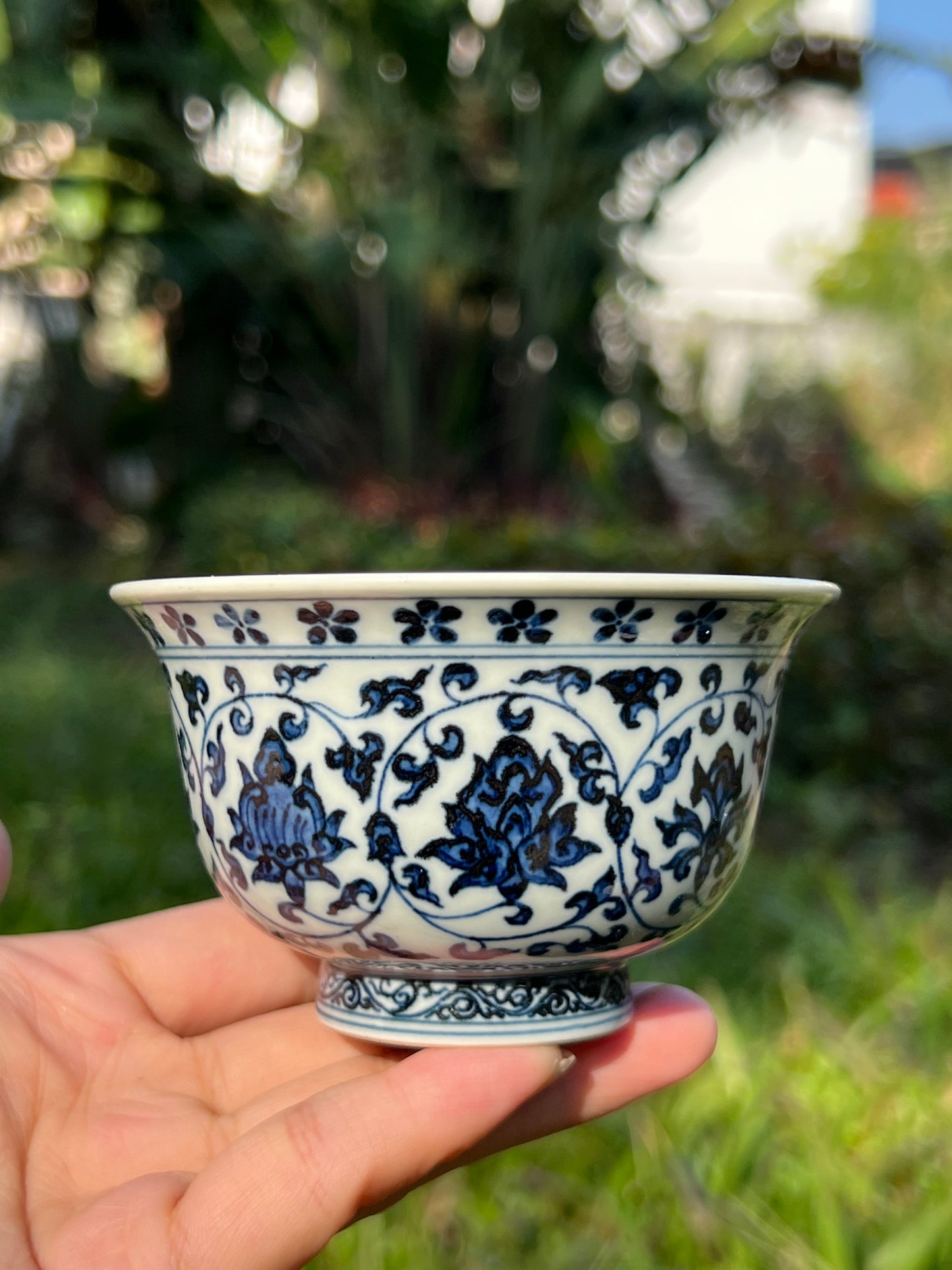 Hand Painted Chinese Lotus Of Twined Stems Teacup Jingdezhen Blue and White Porcelain Master Ceramic Artwork