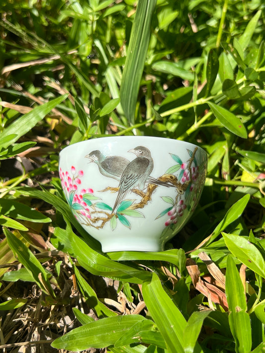 Handcrafted Chinese Handpainted Chinese Famille Rose Flower Bird Teacup Jingdezhen Master Cup Ceramic Artwork