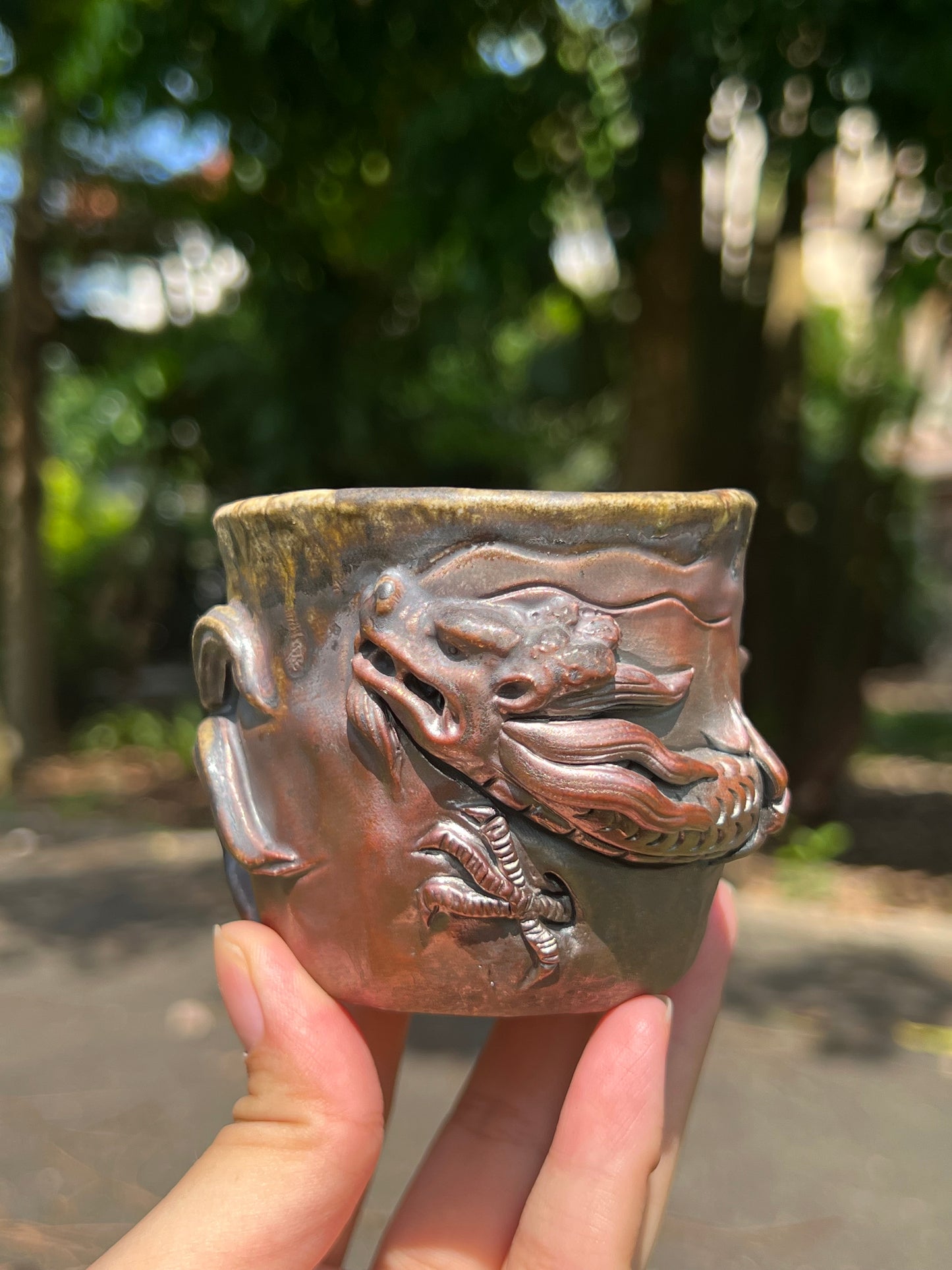 This is a woodfired tietai pottery dragon teacup