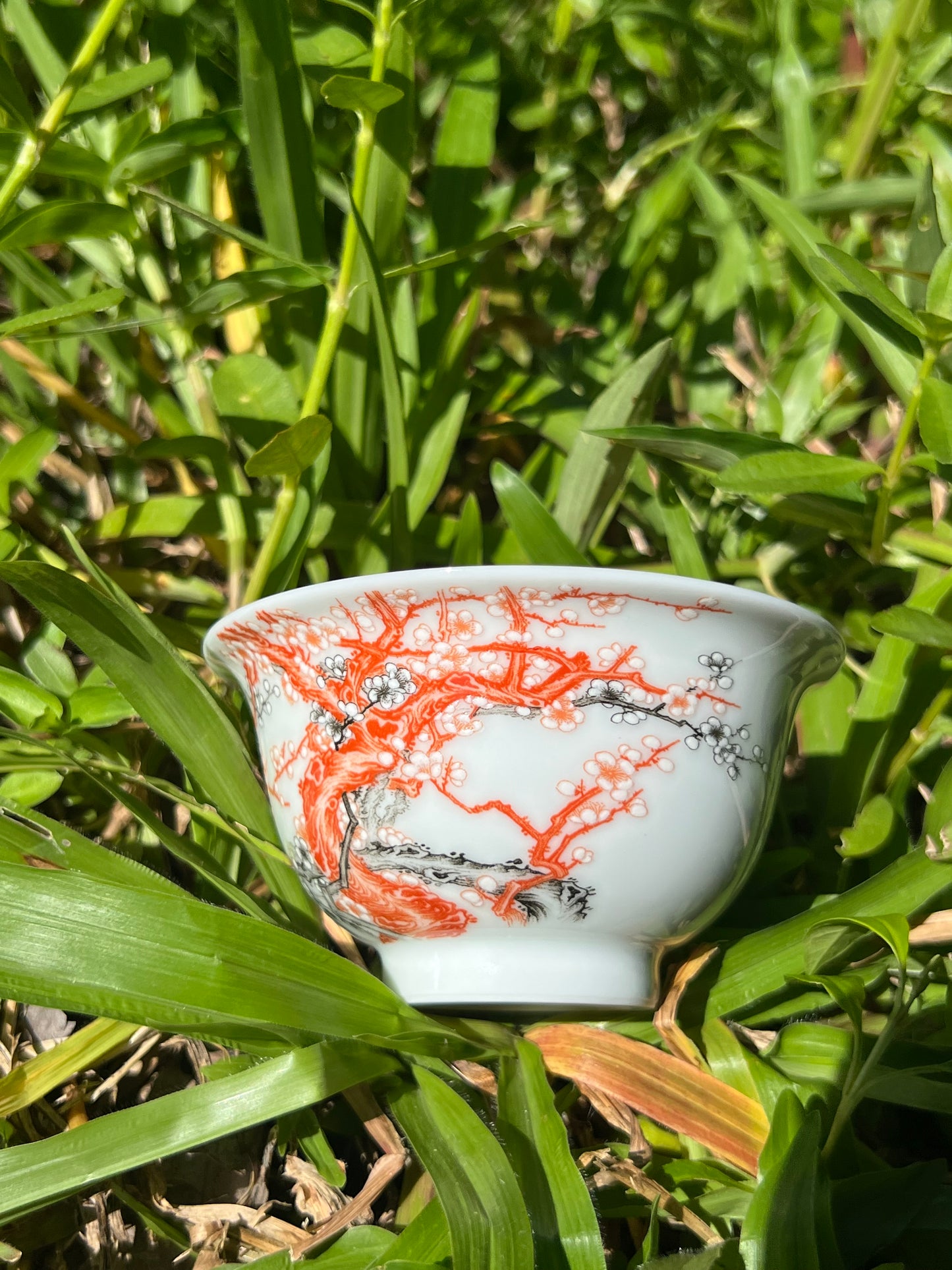 Handcrafted Chinese Handpainted Chinese Plum Flower Alum Red Jingdezhen Teacup Master Pottery Ceramic Artwork