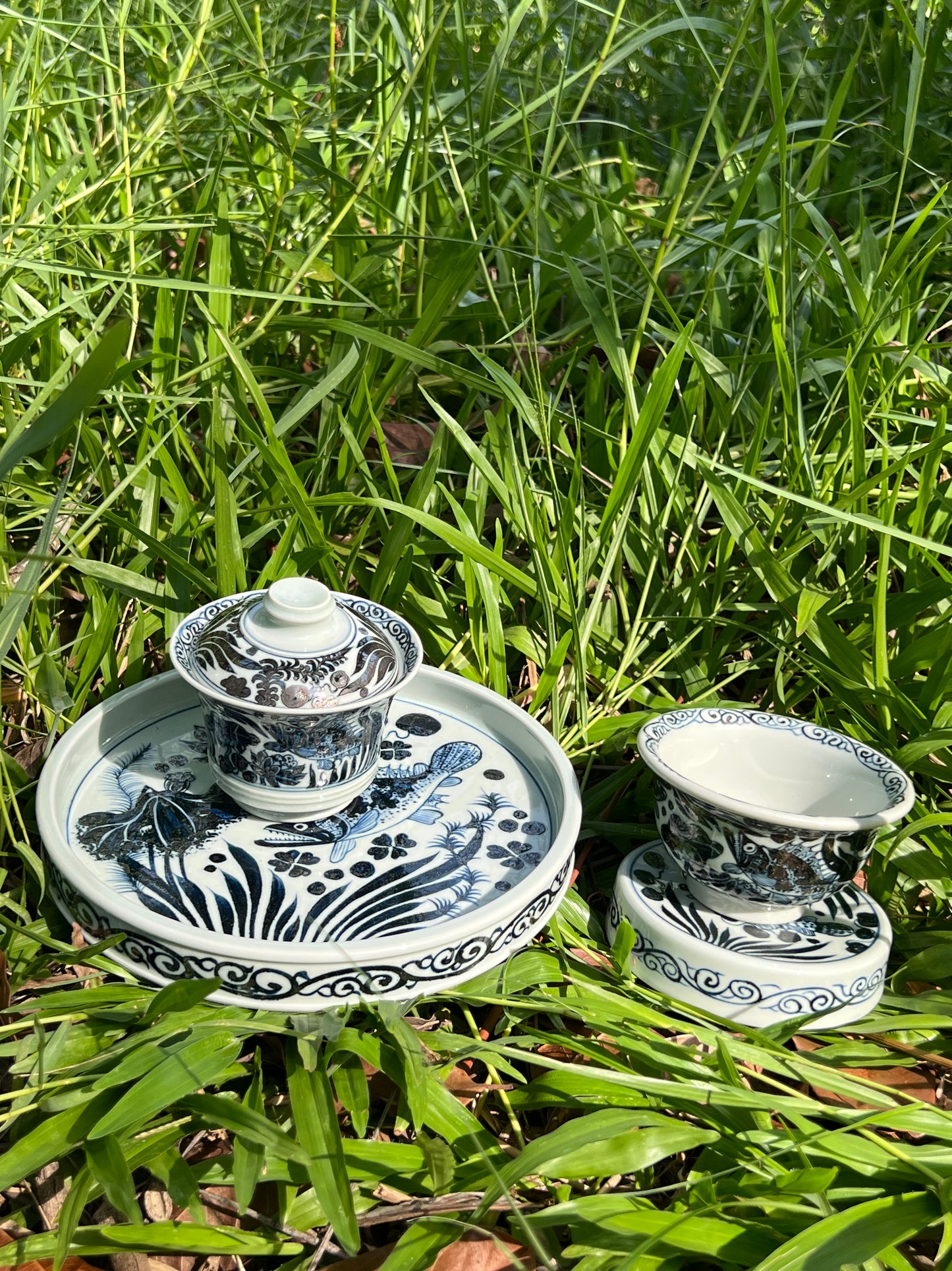 Hand Painted Chinese Antique Yuan Dynasty Blue and White Porcelain Fish and Algae Pattern Tea Tray Tea Boat Jingdezhen Master Ceramic Artwork