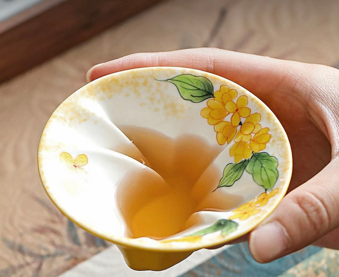 Hand painted Chinese Original Douli Shape Teacup Inner Engraved Moon Rabbit Motif Yellow Cup