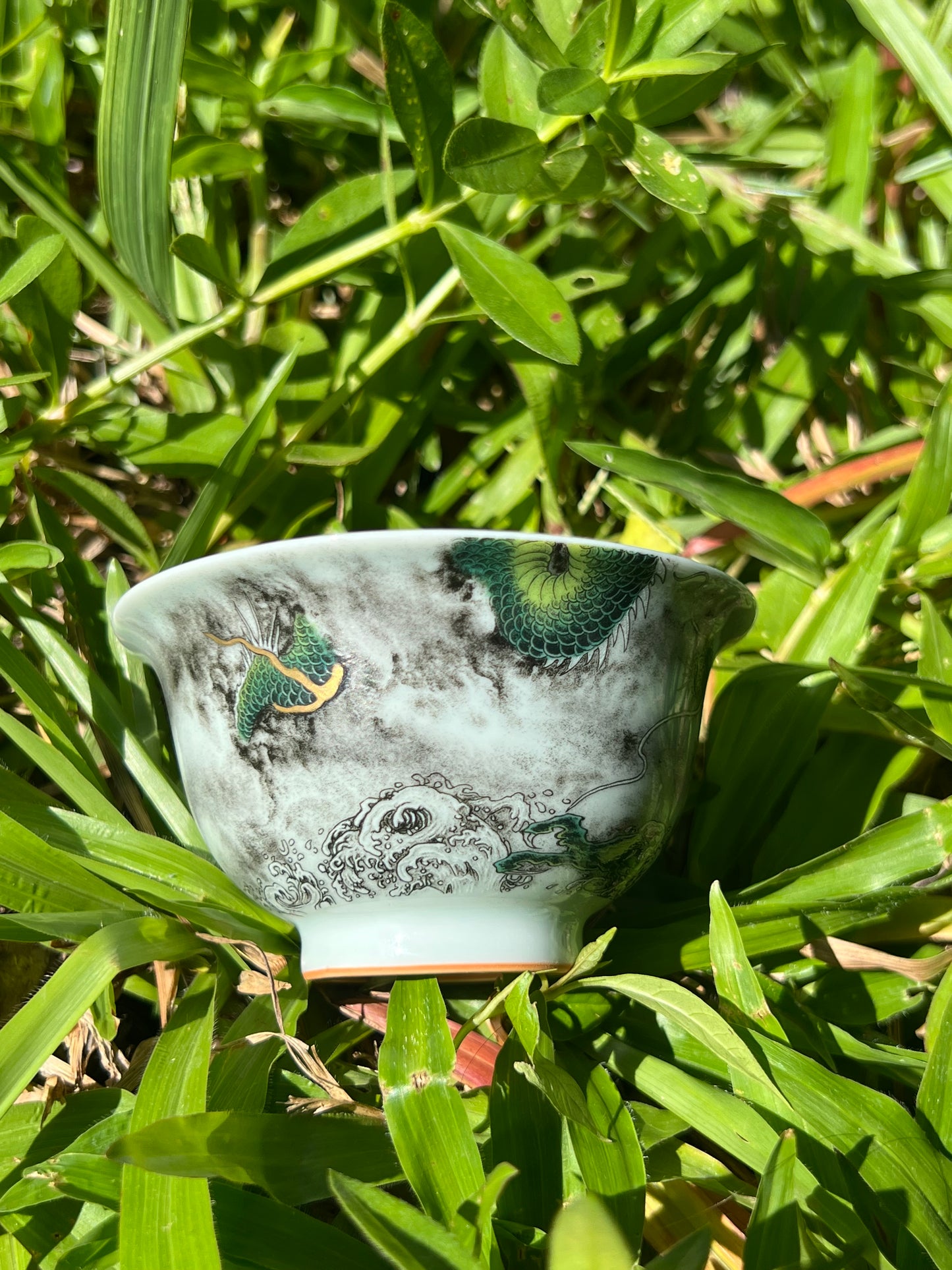 Handcrafted Chinese Handpainted Chinese Green Dragon Jingdezhen Teacup Master Ceramic Artwork