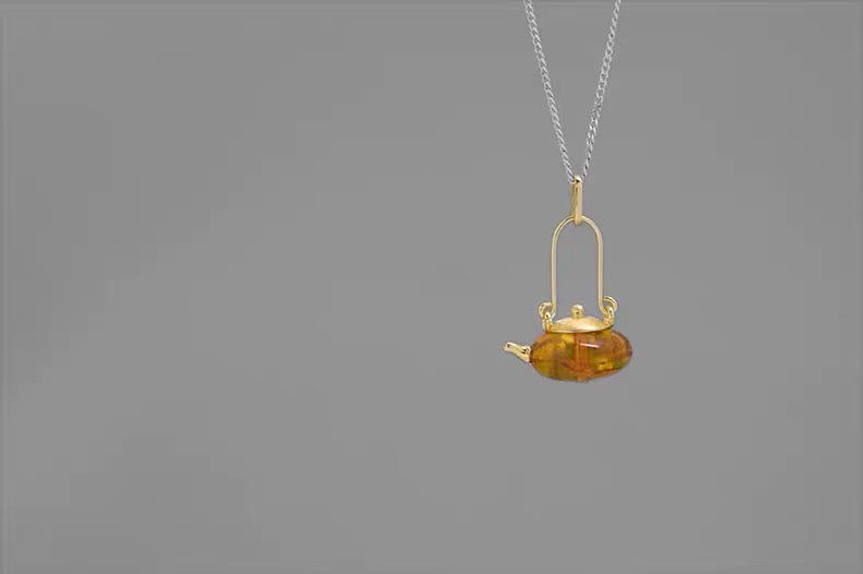 S925 Sterling Silver Original Design Handmade Teapot Shape Amber Pendant