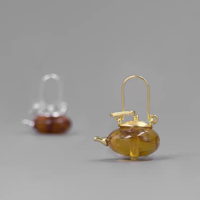 S925 Sterling Silver Original Design Handmade Teapot Shape Amber Pendant