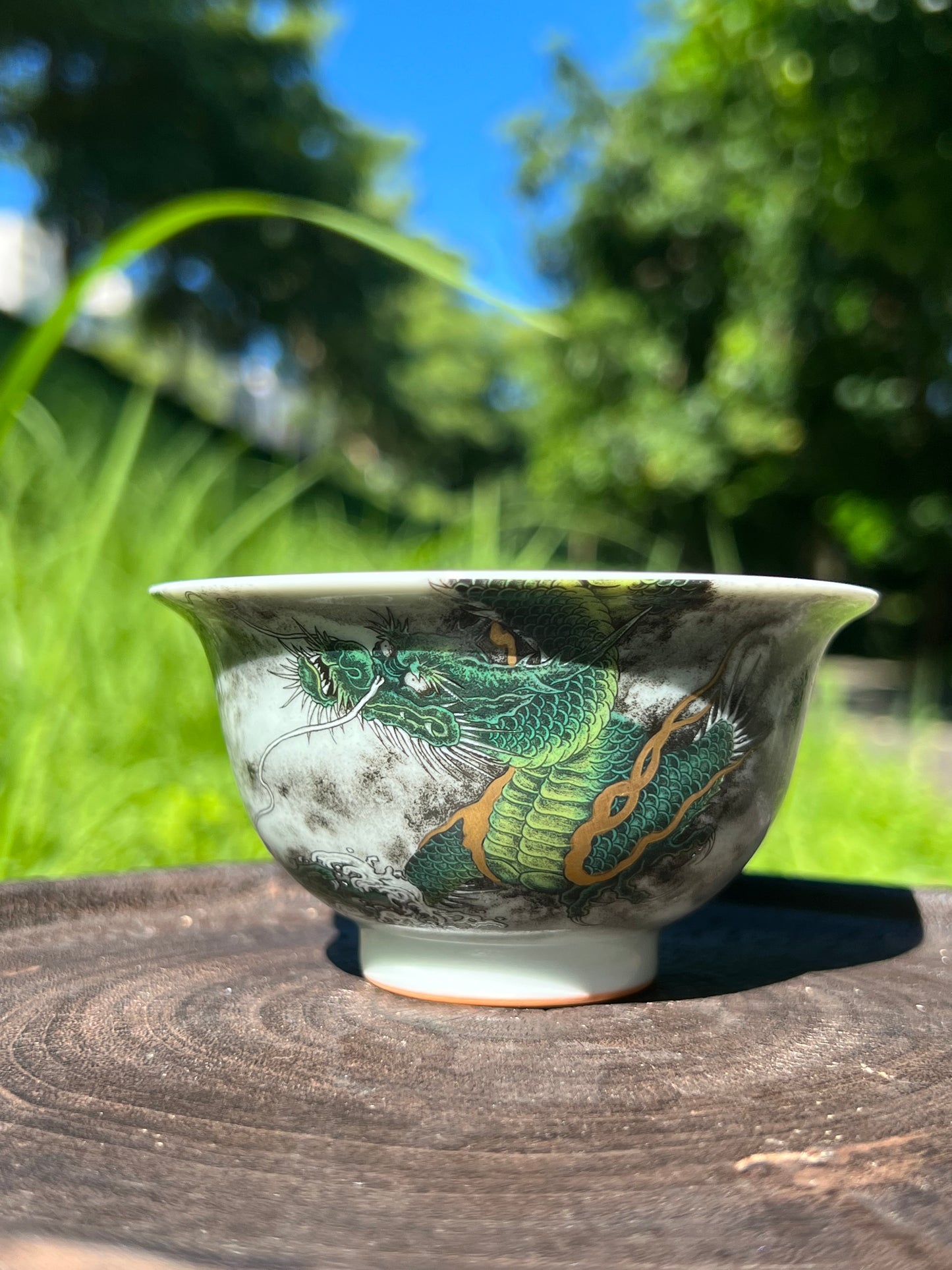 Handcrafted Chinese Handpainted Chinese Green Dragon Jingdezhen Teacup Master Ceramic Artwork