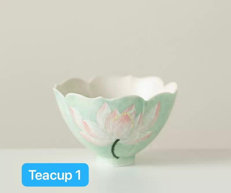 Handpainted Chinese Lotus Green Teapot Gaiwan Set Teacup Teaset