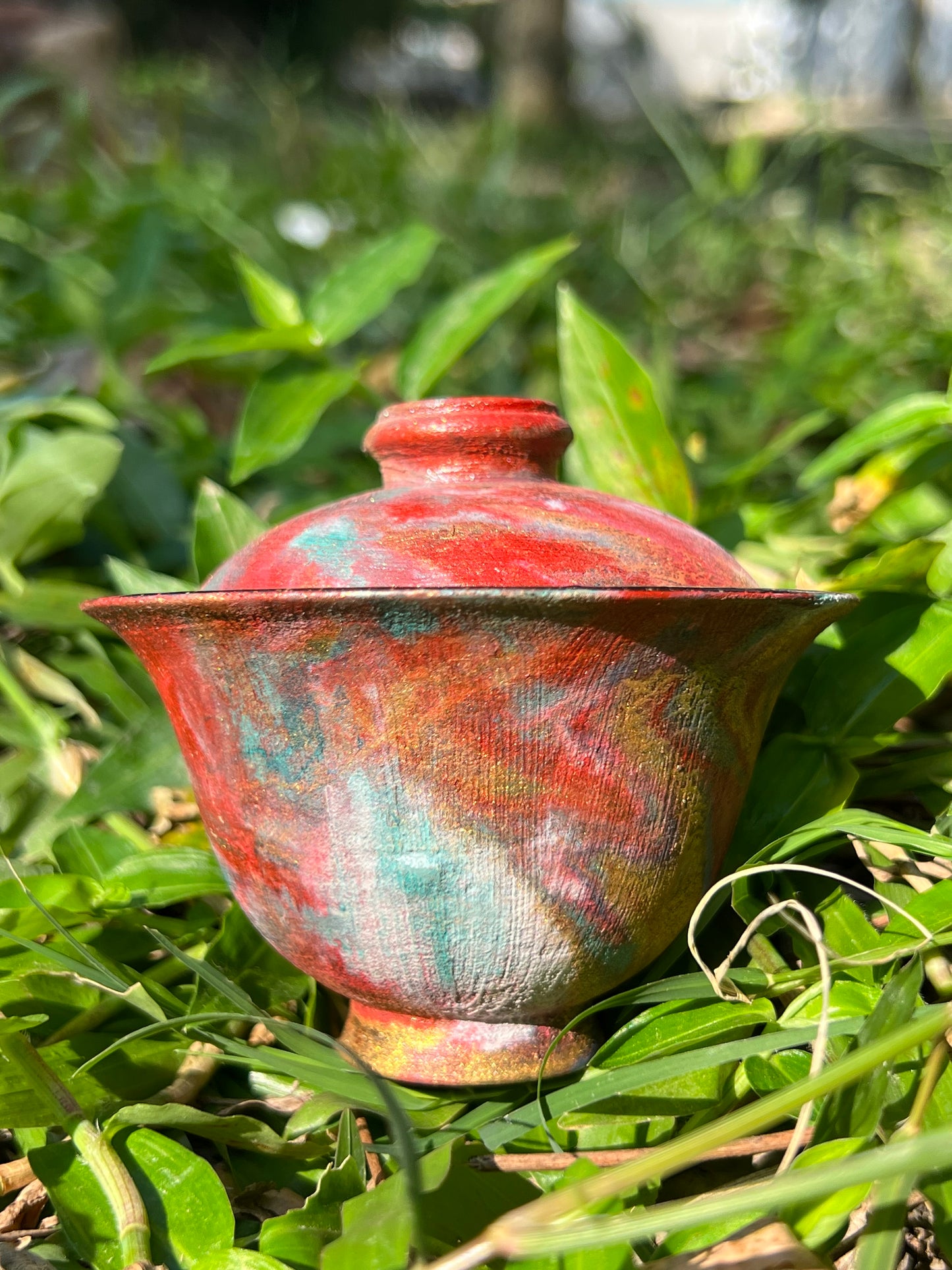 Handcrafted Raw Ore Pottery Chinese Lacquer Ware Purple Red Gaiwan Teaware Master Pottery Artwork