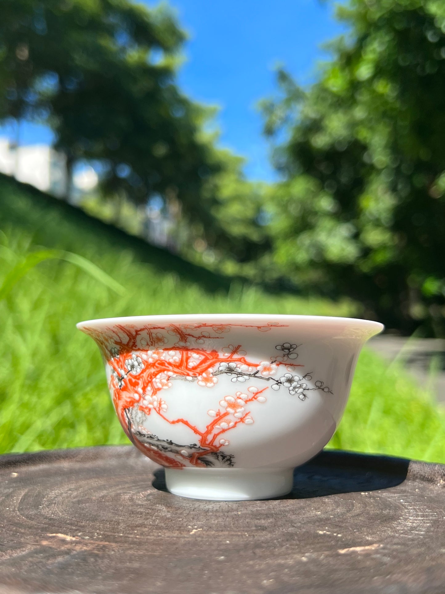 Handcrafted Chinese Handpainted Chinese Plum Flower Alum Red Jingdezhen Teacup Master Pottery Ceramic Artwork