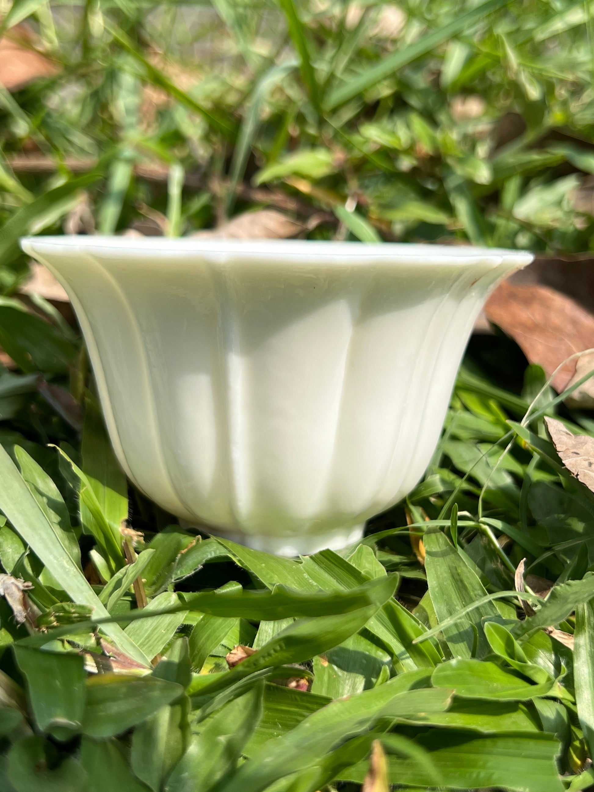 this is a woodfired white fine pottery flower teacup