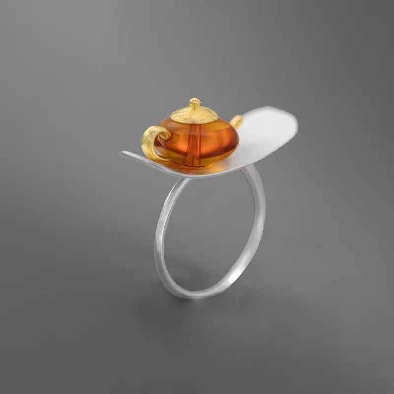 S925 Sterling Silver Original Design Handmade Teapot Shape Amber Ring
