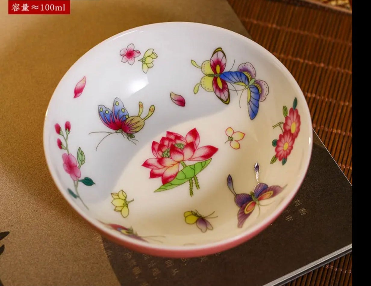 This is a Chinese Jingdezhen pastel flower teacup