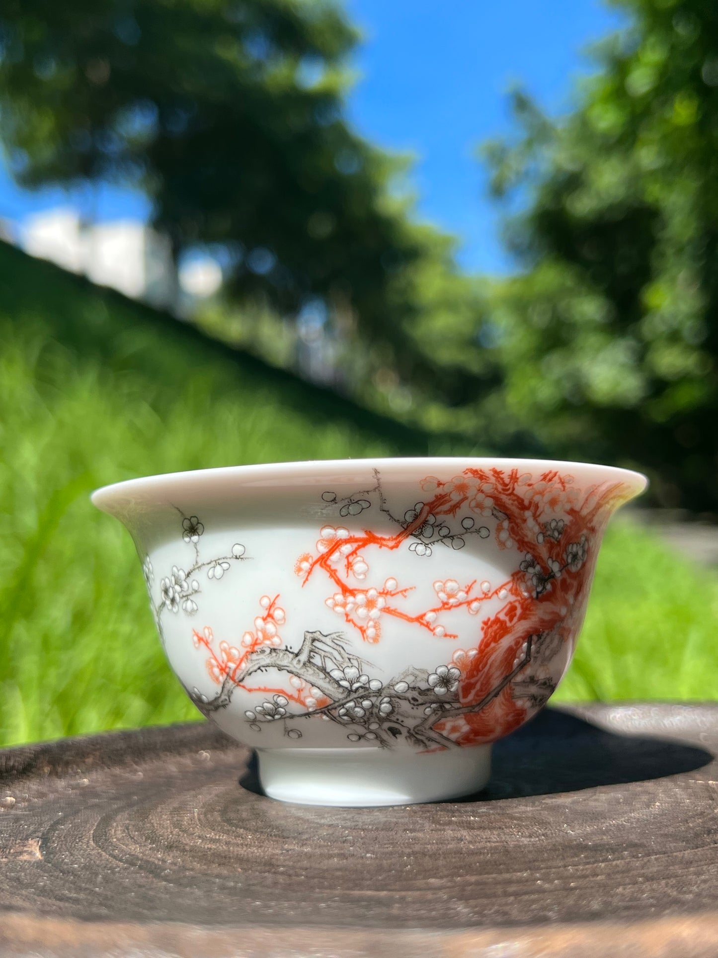 Handcrafted Chinese Handpainted Chinese Plum Flower Alum Red Jingdezhen Teacup Master Pottery Ceramic Artwork