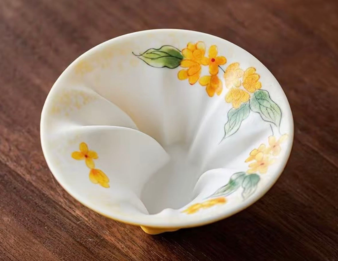 Hand painted Chinese Original Douli Shape Teacup Inner Engraved Moon Rabbit Motif Yellow Cup