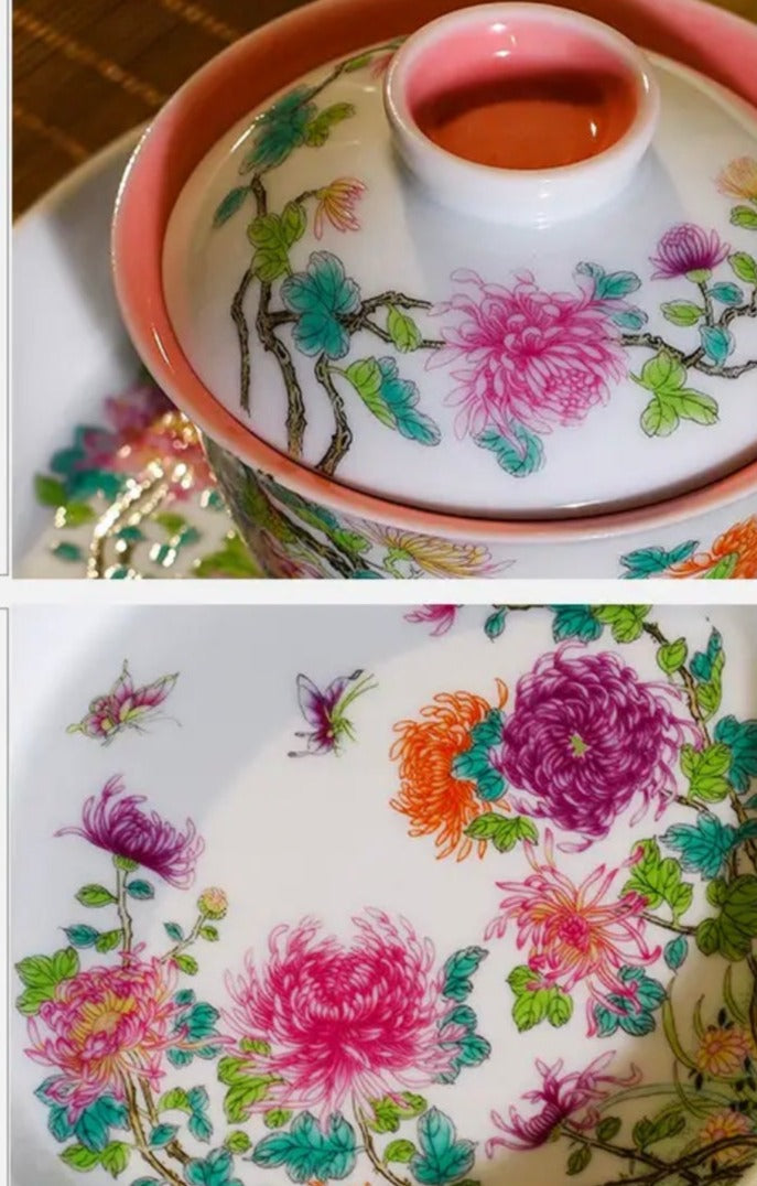 This is a Chinese Jingdezhen enamel chrysanthemum flower teapot gaiwan