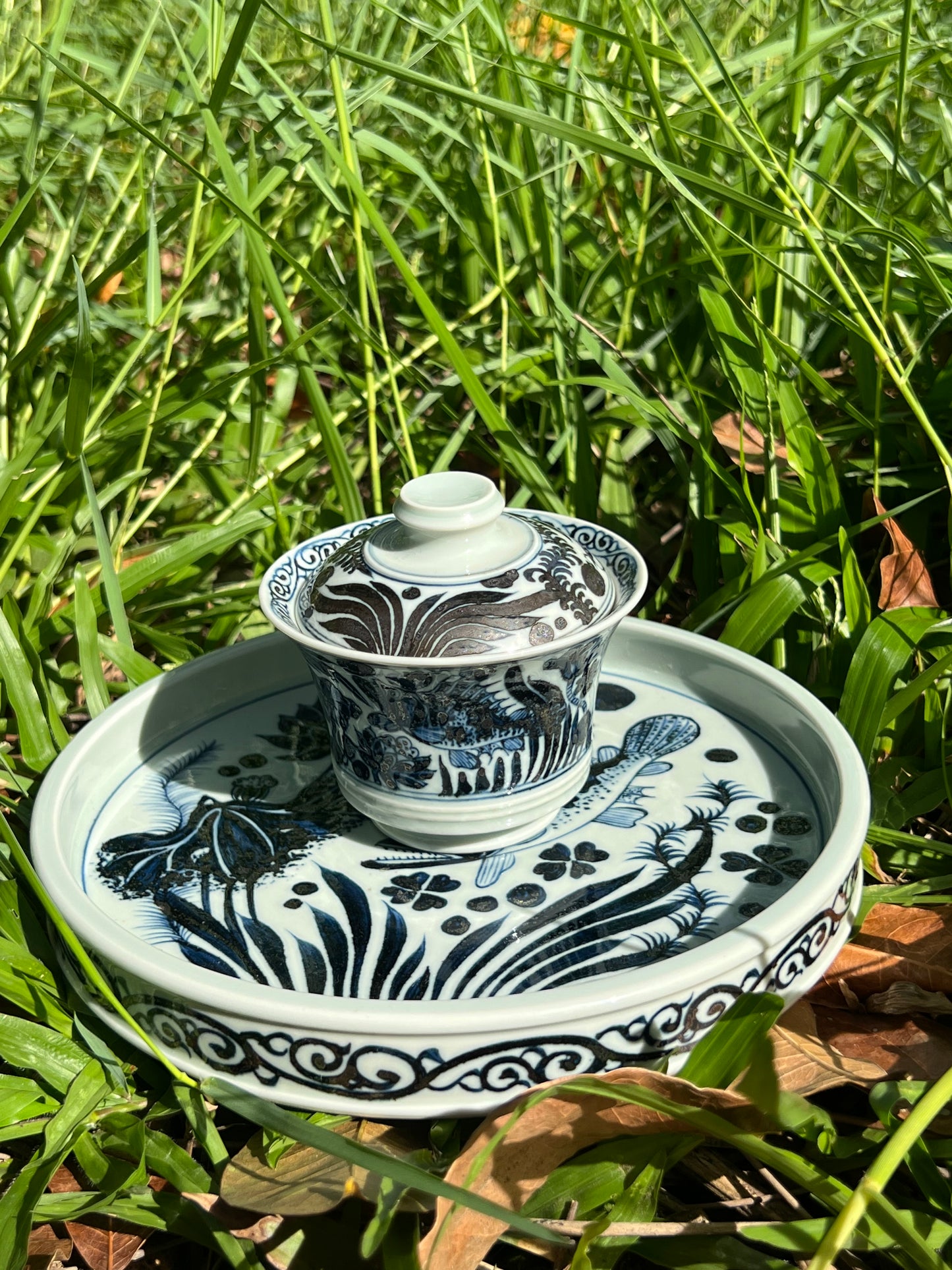 Hand Painted Chinese Antique Yuan Dynasty Blue and White Porcelain Fish and Algae Pattern Tea Tray Tea Boat Jingdezhen Master Ceramic Artwork