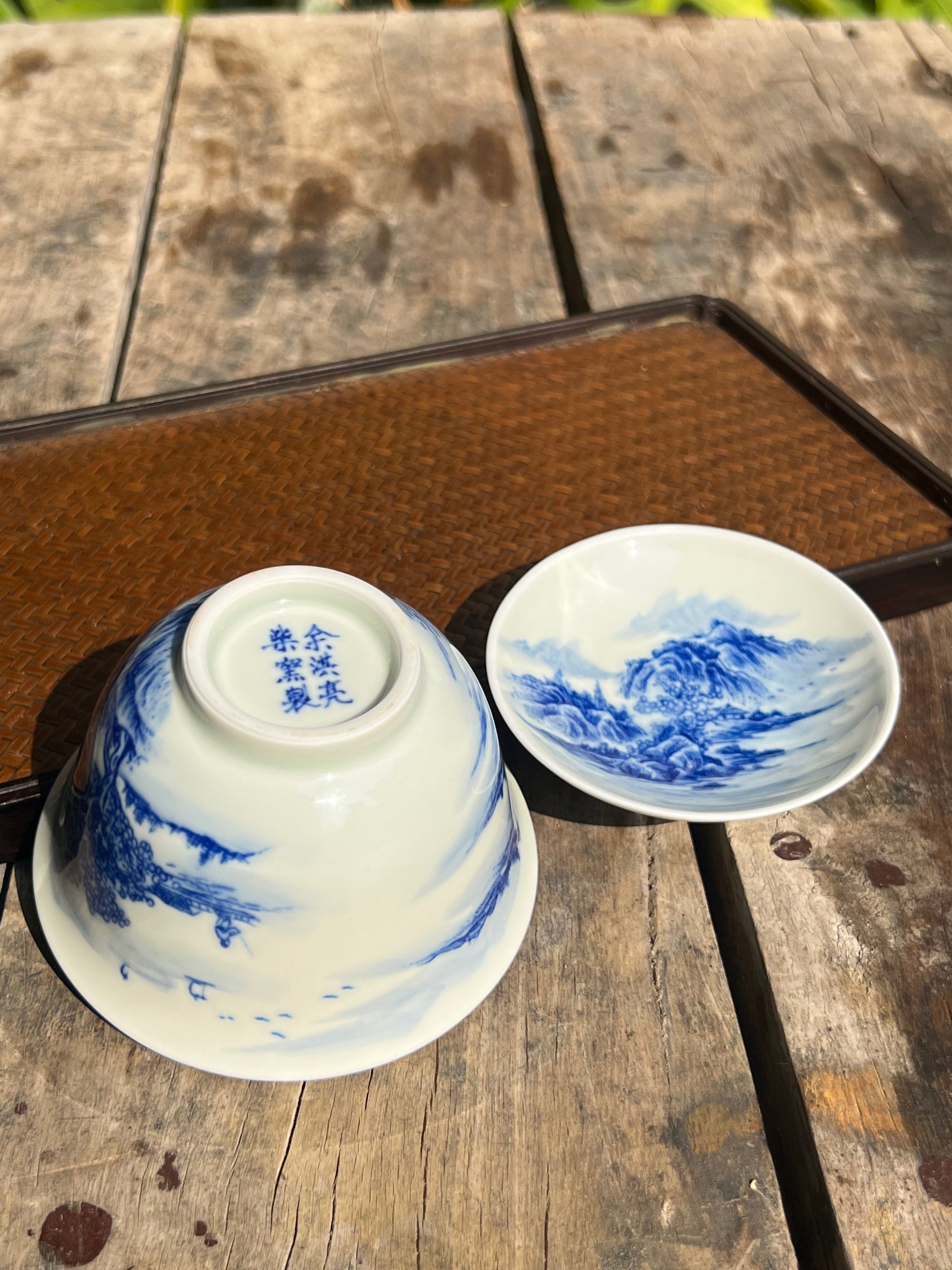 This is a Chinese Jingdezhen blue and white porcelain landscape teapot gaiwan