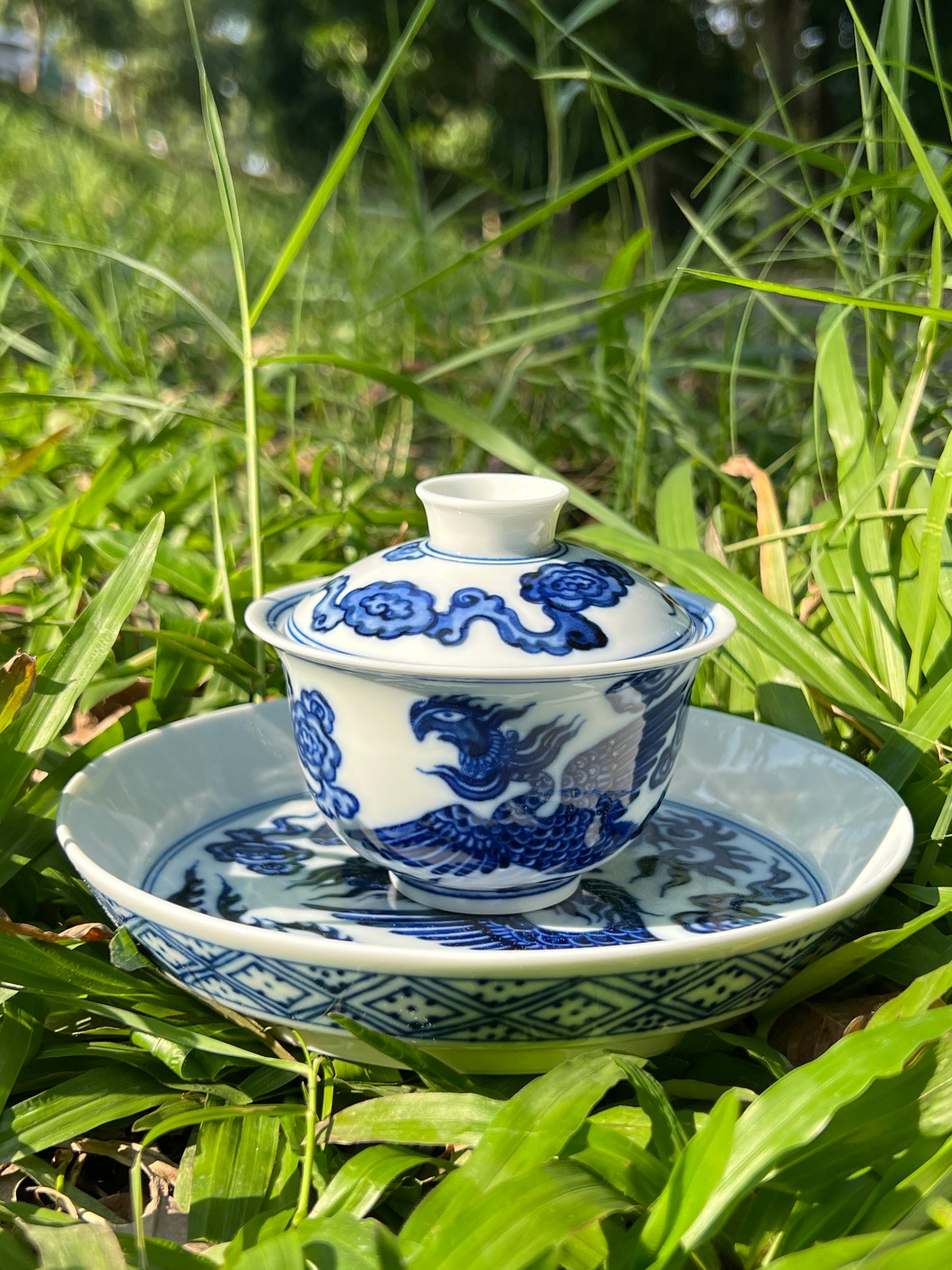 Hand Painted Chinese Phoenix Gaiwan Blue and White Porcelain Teaware Jingdezhen Master Ceramic Artwork