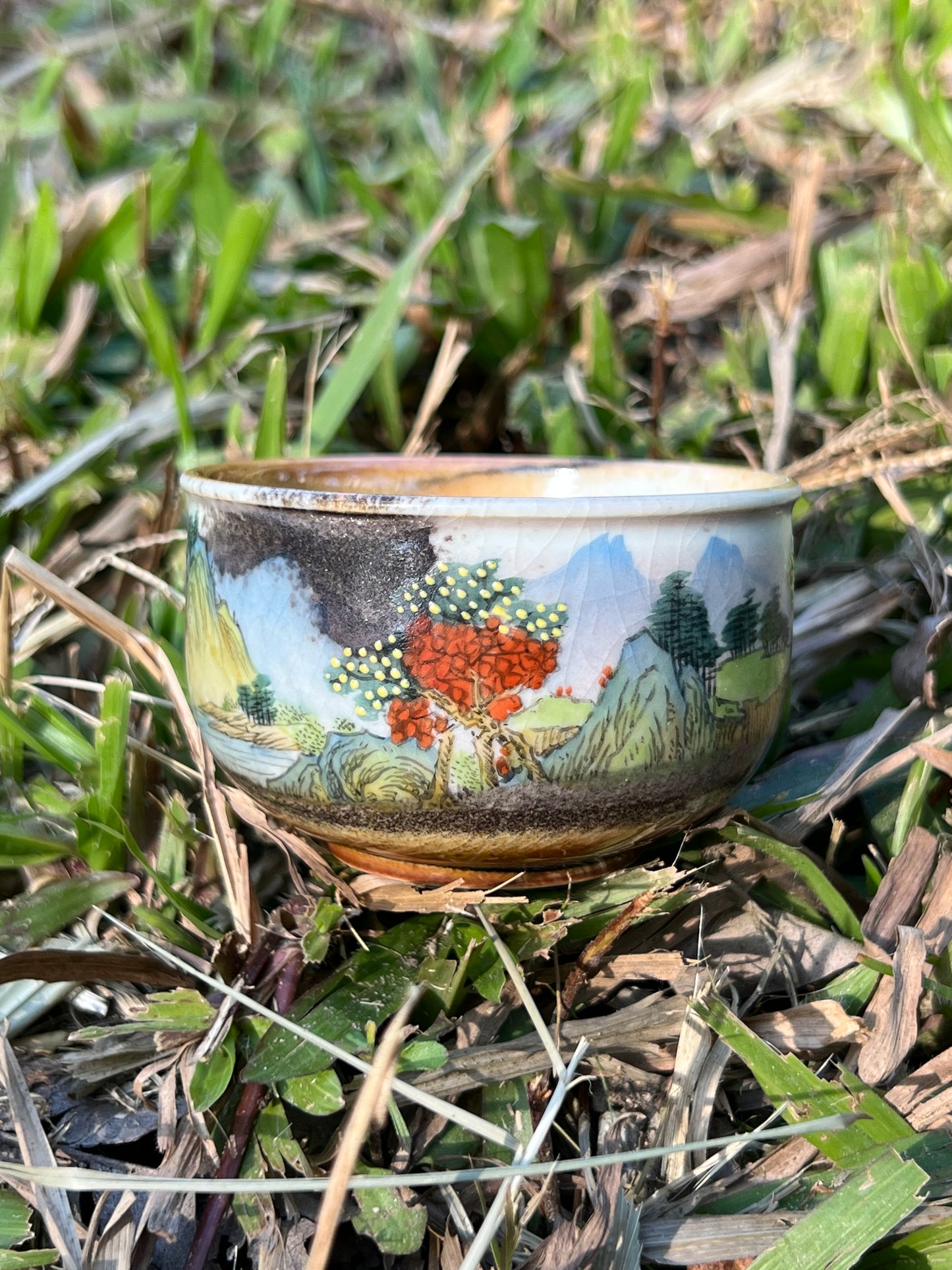 Handcraft Chinese Handpainted Chinese Landscape Gaiwan Set Artwork Unique Original Pottery Tea Ceremony