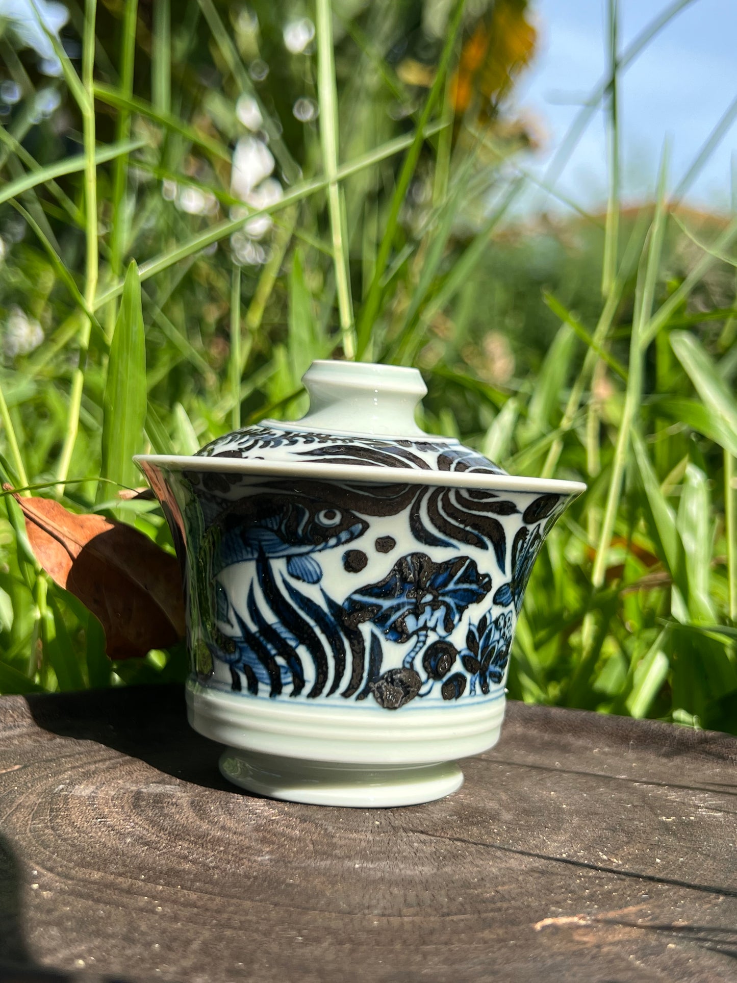 Hand Painted Chinese Antique Yuan Dynasty Blue and White Porcelain Fish and Algae Pattern Tea Tray Tea Boat Jingdezhen Master Ceramic Artwork