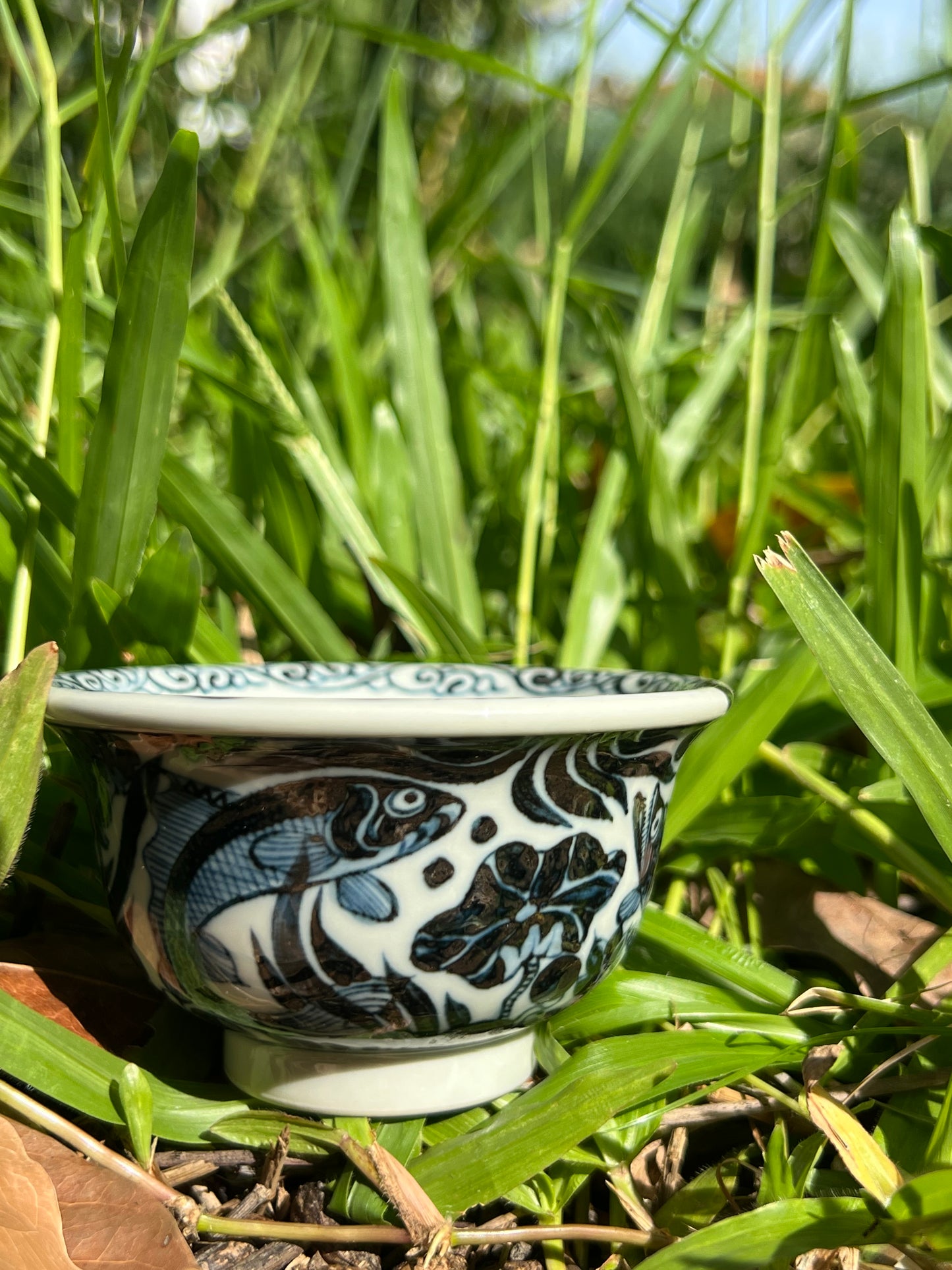 Hand Painted Chinese Antique Yuan Dynasty Blue and White Porcelain Fish and Algae Pattern Tea Tray Tea Boat Jingdezhen Master Ceramic Artwork