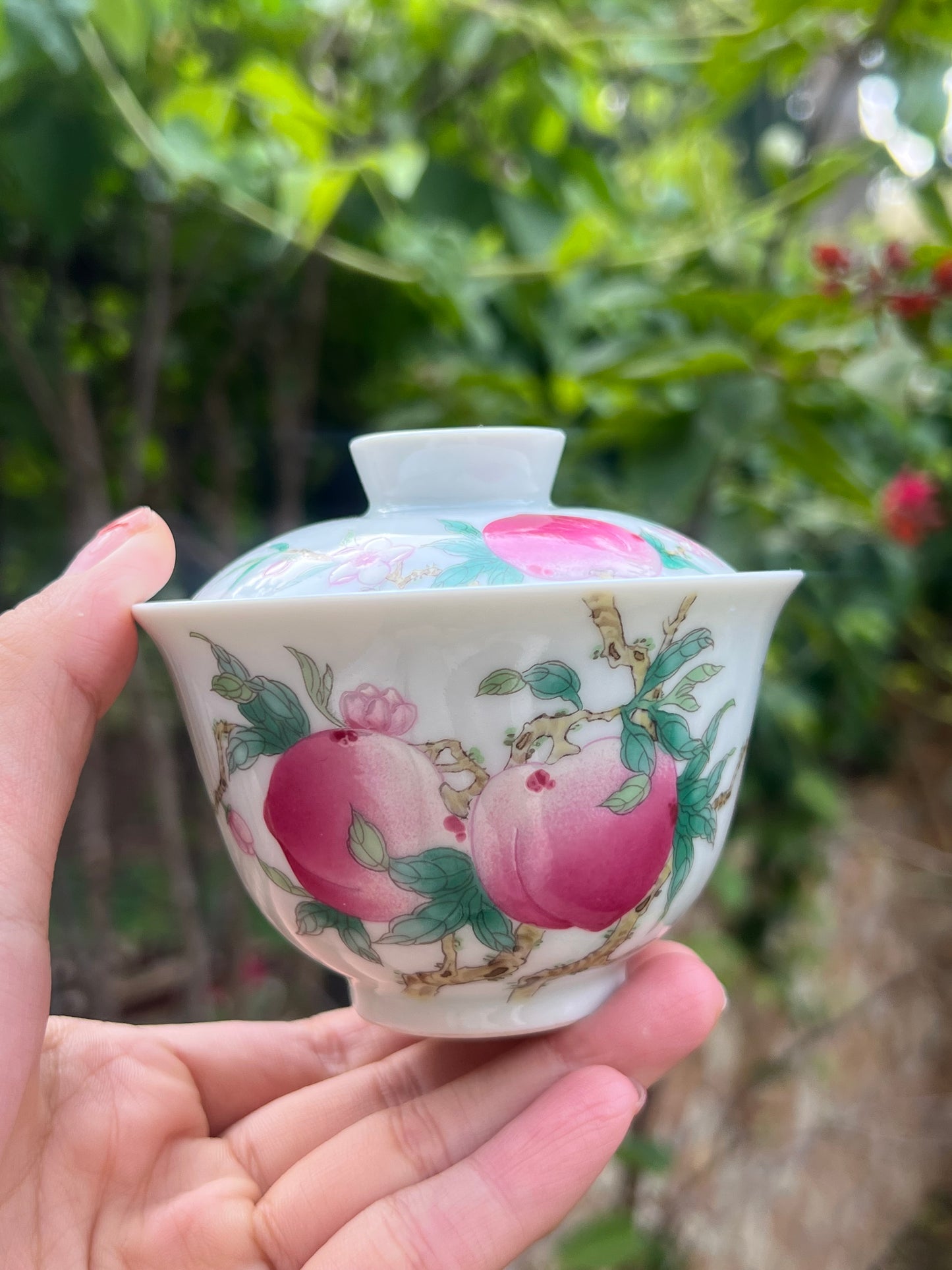 Handpainted Chinese Peach Gaiwan Jingdezhen Pink Teaware Master Ceramic Artwork