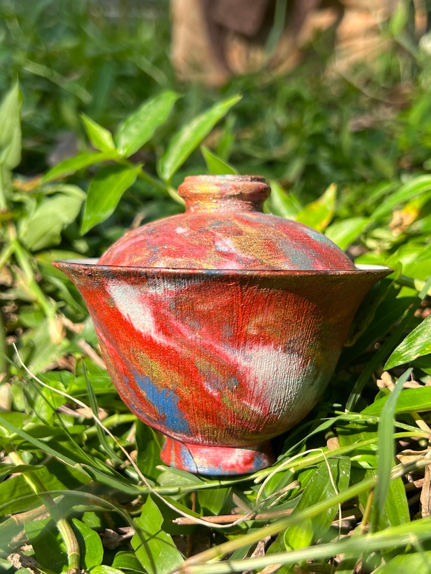 Handcrafted Raw Ore Pottery Chinese Lacquer Ware Purple Red Gaiwan Teaware Master Pottery Artwork