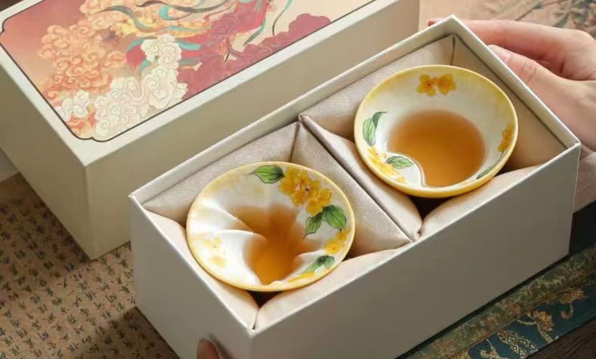 Hand painted Chinese Original Douli Shape Teacup Inner Engraved Moon Rabbit Motif Yellow Cup