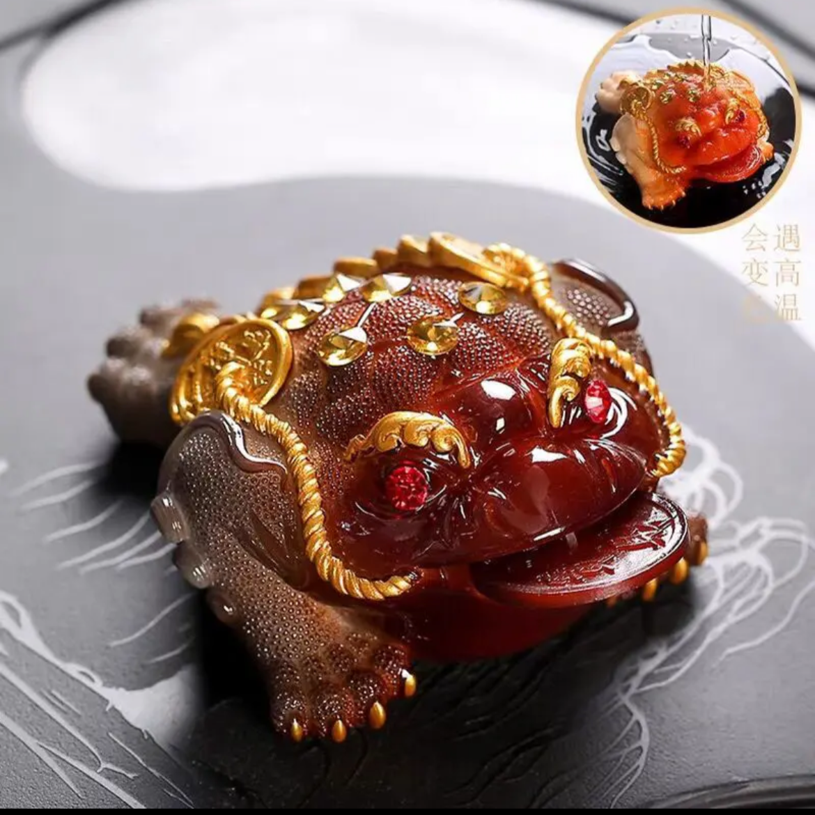 This is a color changing golden toad teapet.this is a resin teapet